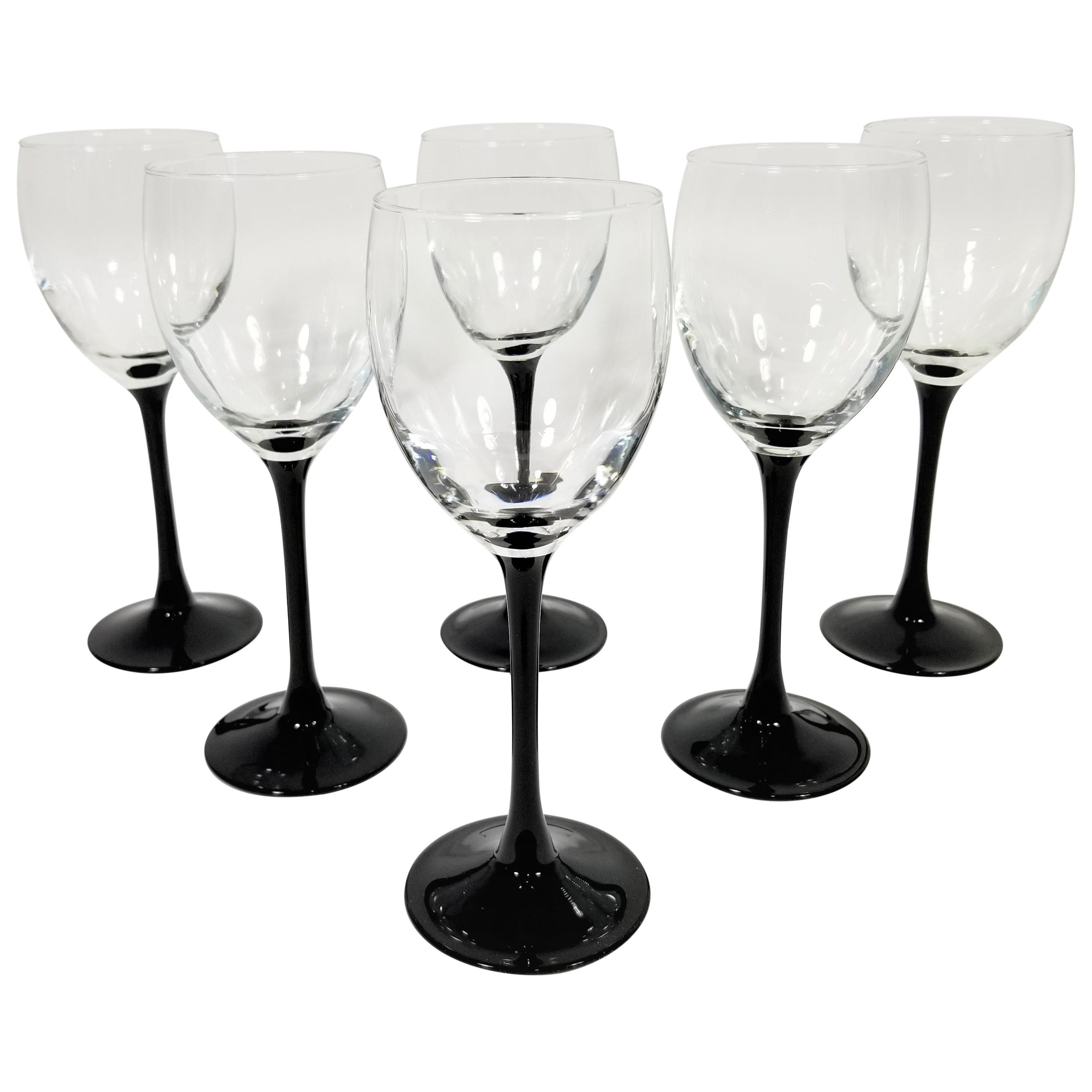 Luminarc, France Black  Tulip Base Stemware / Wine Glasses, Set of 6 For Sale