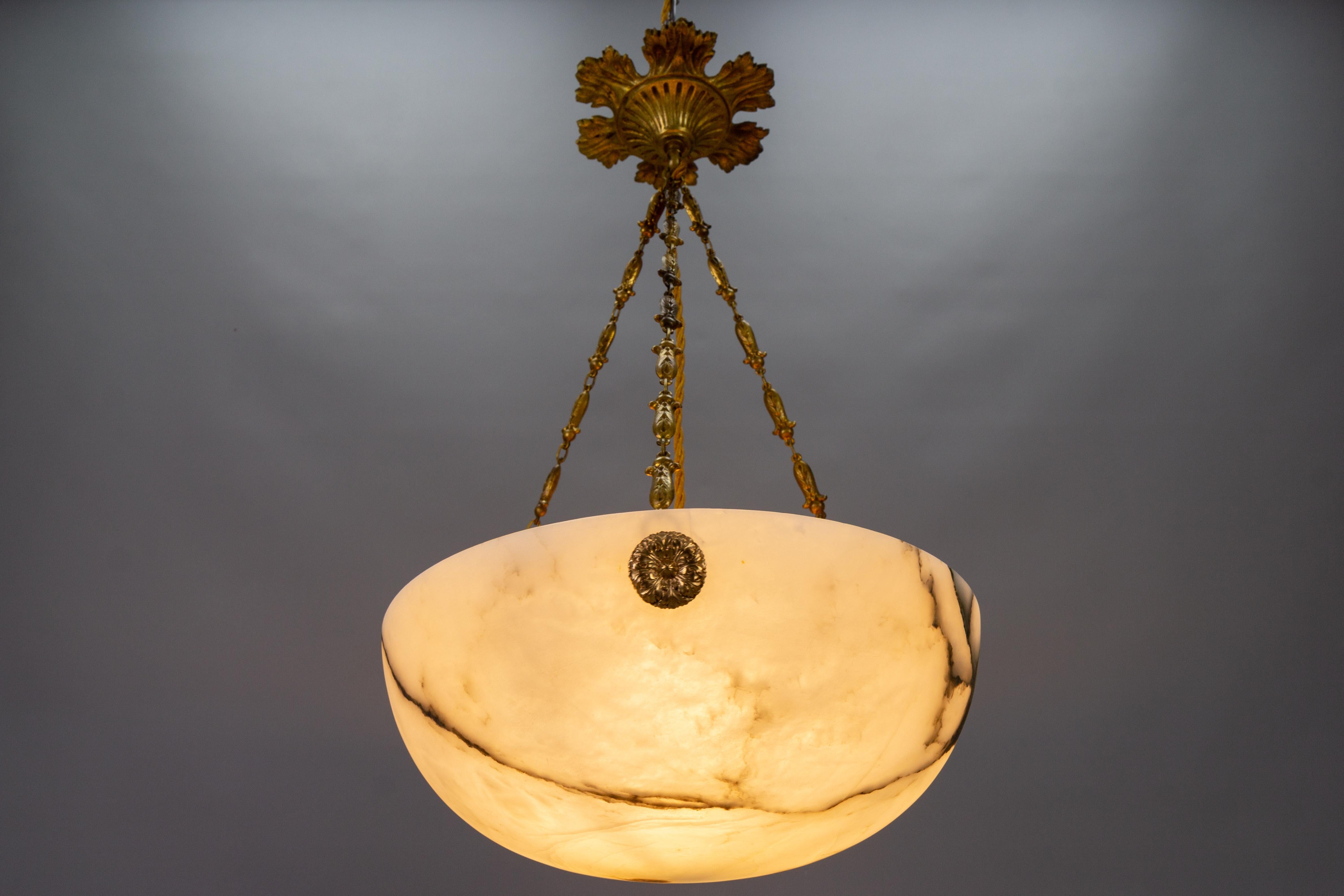 French Black Veined Alabaster and Bronze Pendant Light Fixture, ca. 1920 4
