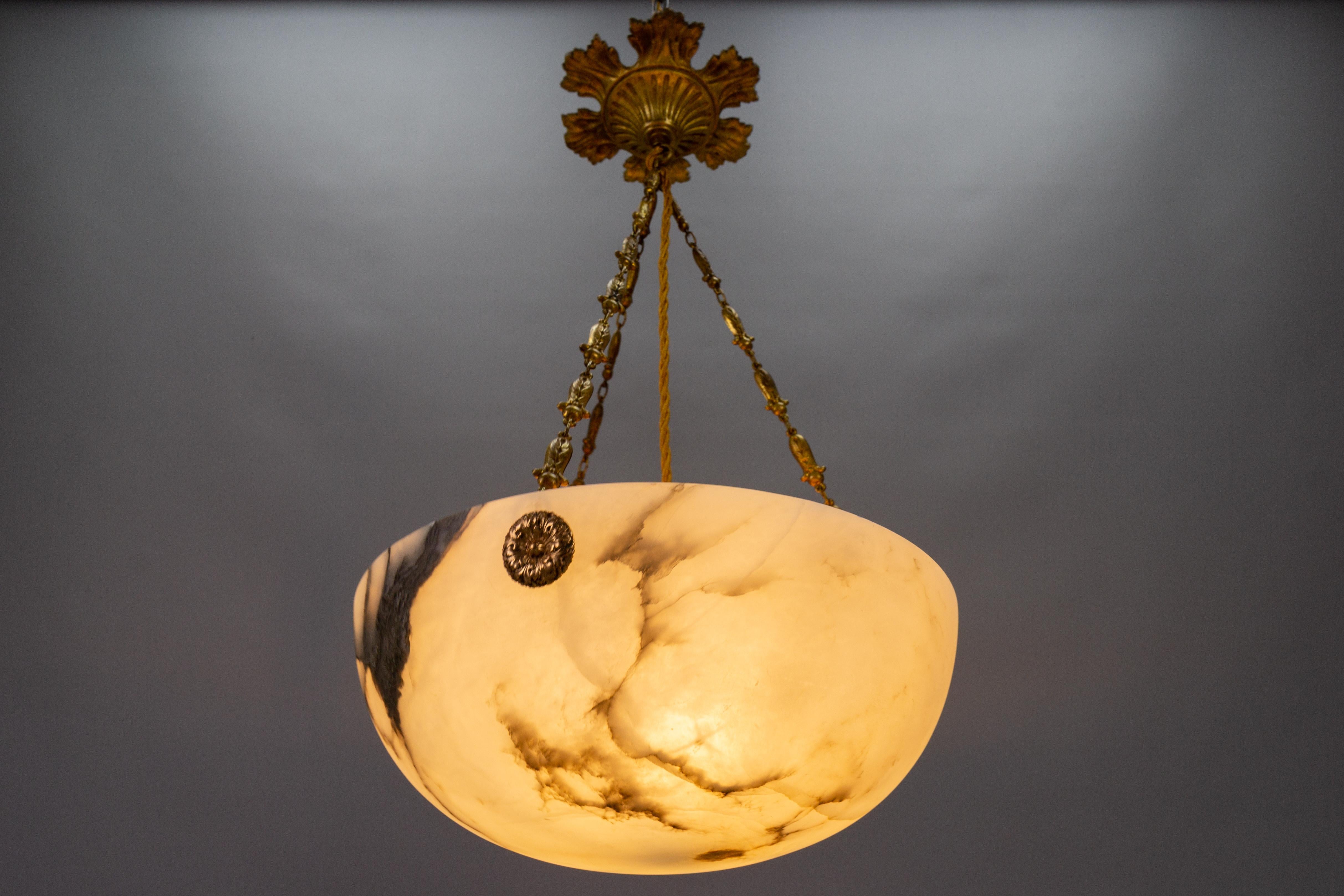 French Black Veined Alabaster and Bronze Pendant Light Fixture, ca. 1920 5