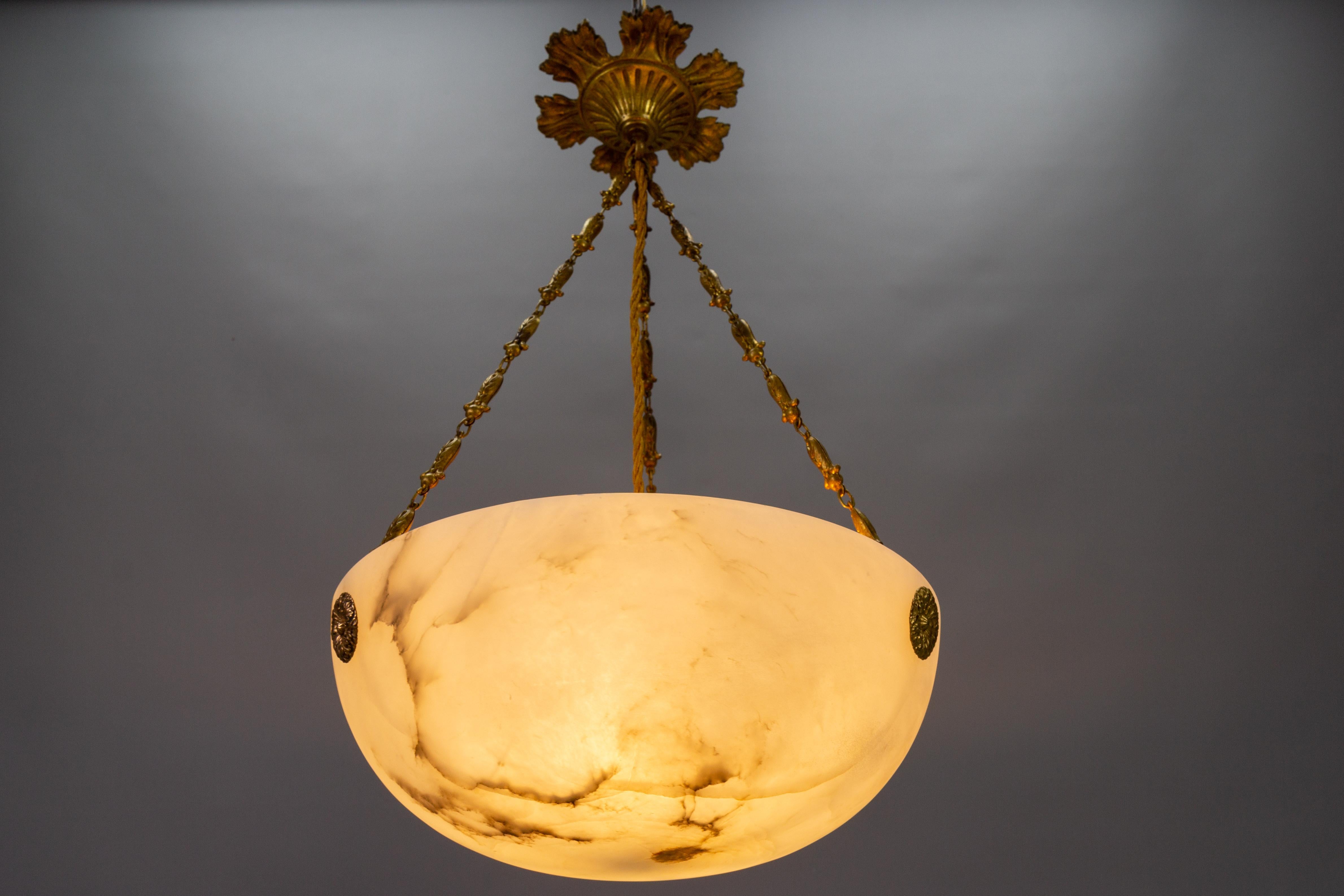 French Black Veined Alabaster and Bronze Pendant Light Fixture, ca. 1920 6