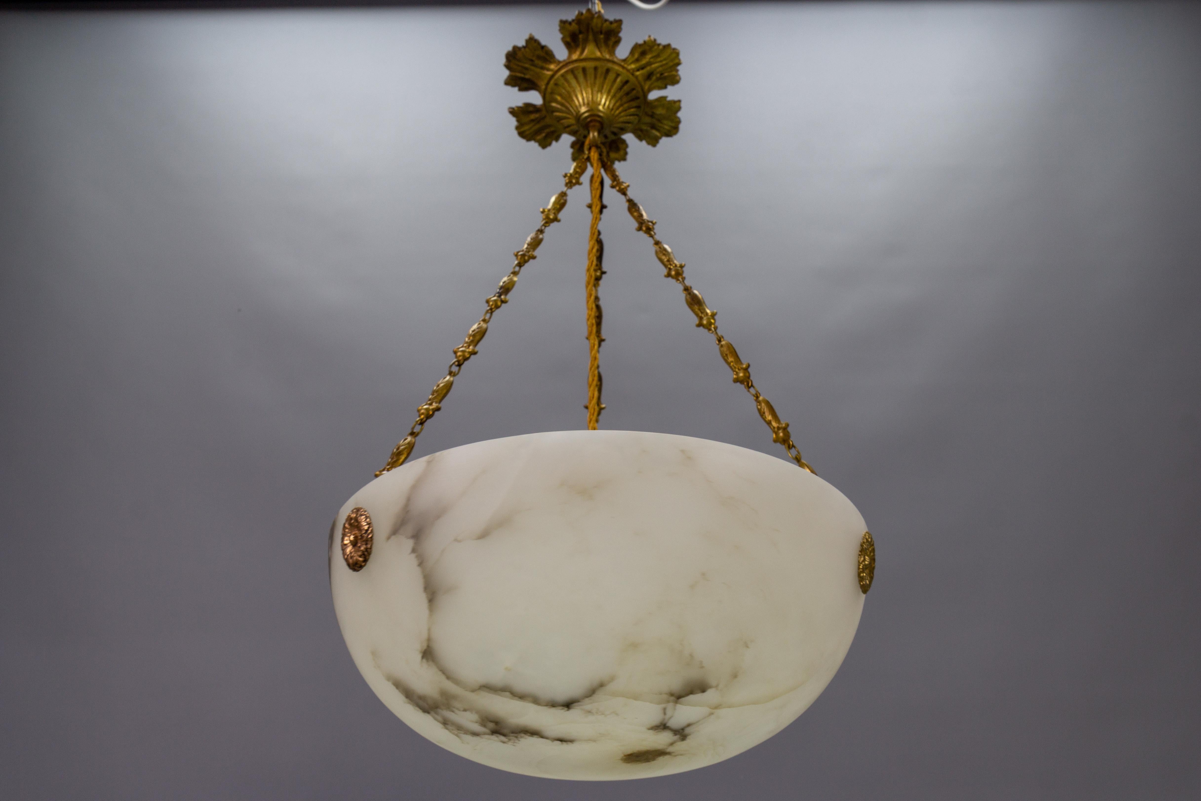 French Black Veined Alabaster and Bronze Pendant Light Fixture, ca. 1920 7