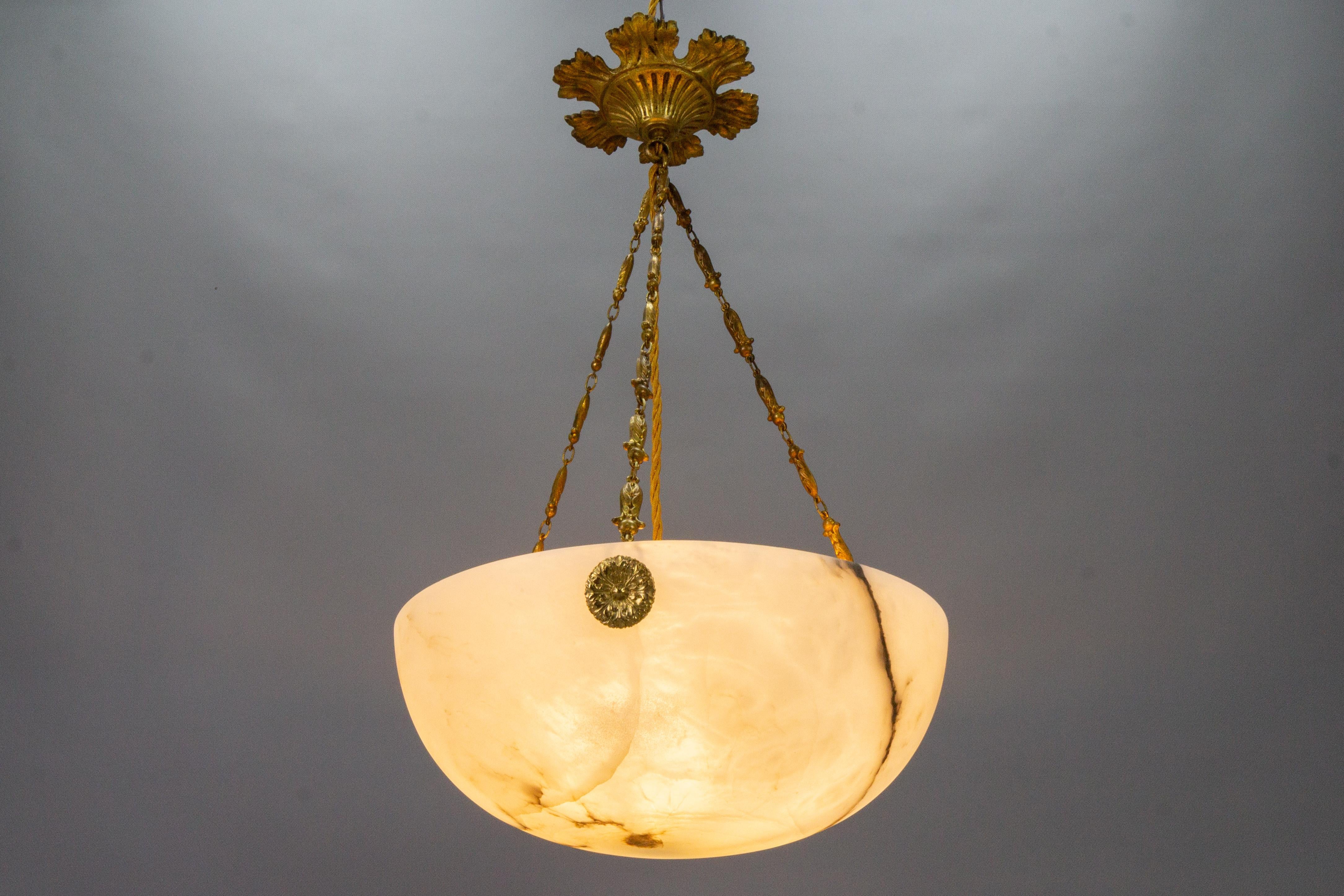 French Black Veined Alabaster and Bronze Pendant Light Fixture, ca. 1920 9