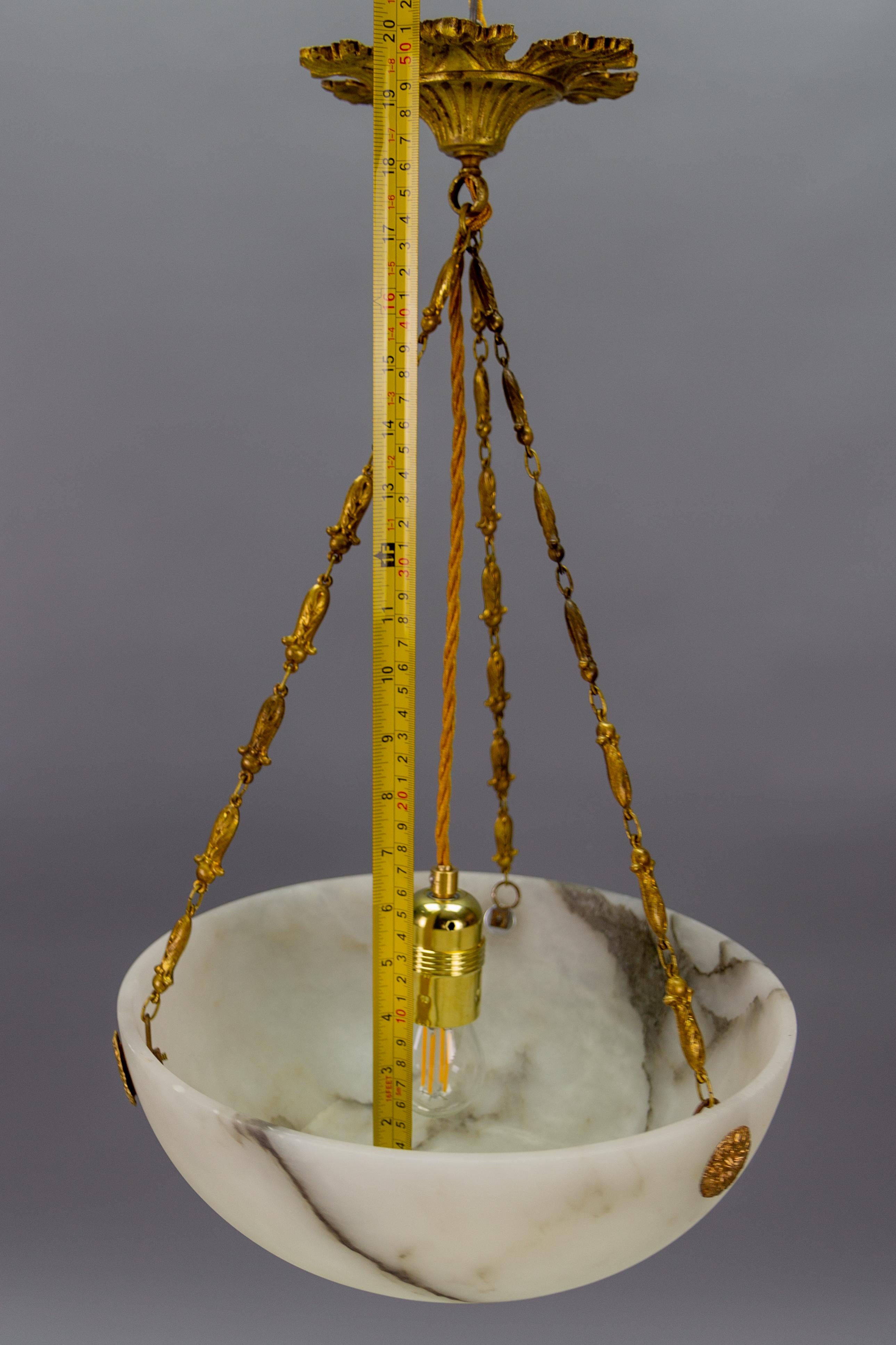 French Black Veined Alabaster and Bronze Pendant Light Fixture, ca. 1920 14