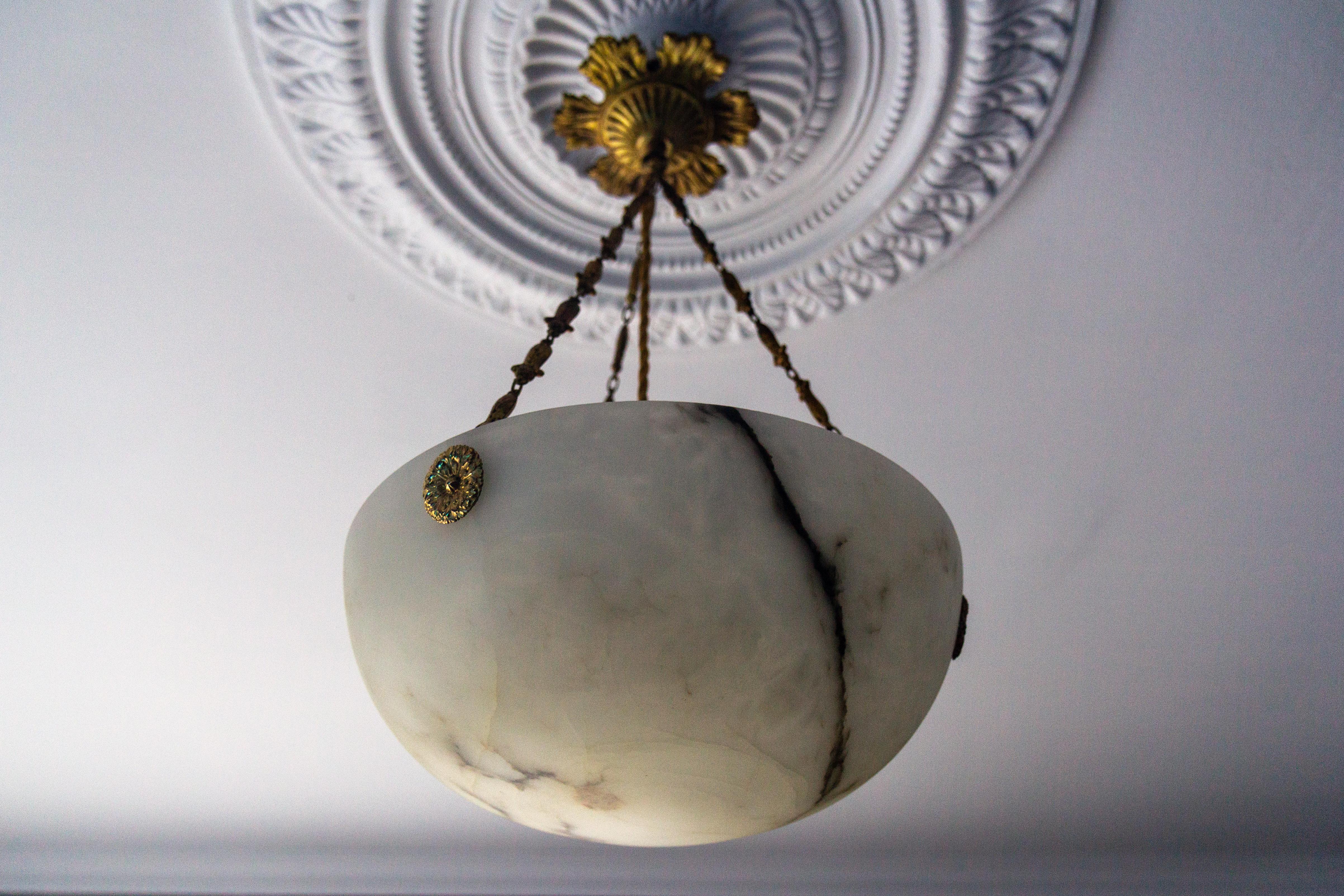 Brass French Black Veined Alabaster and Bronze Pendant Light Fixture, ca. 1920