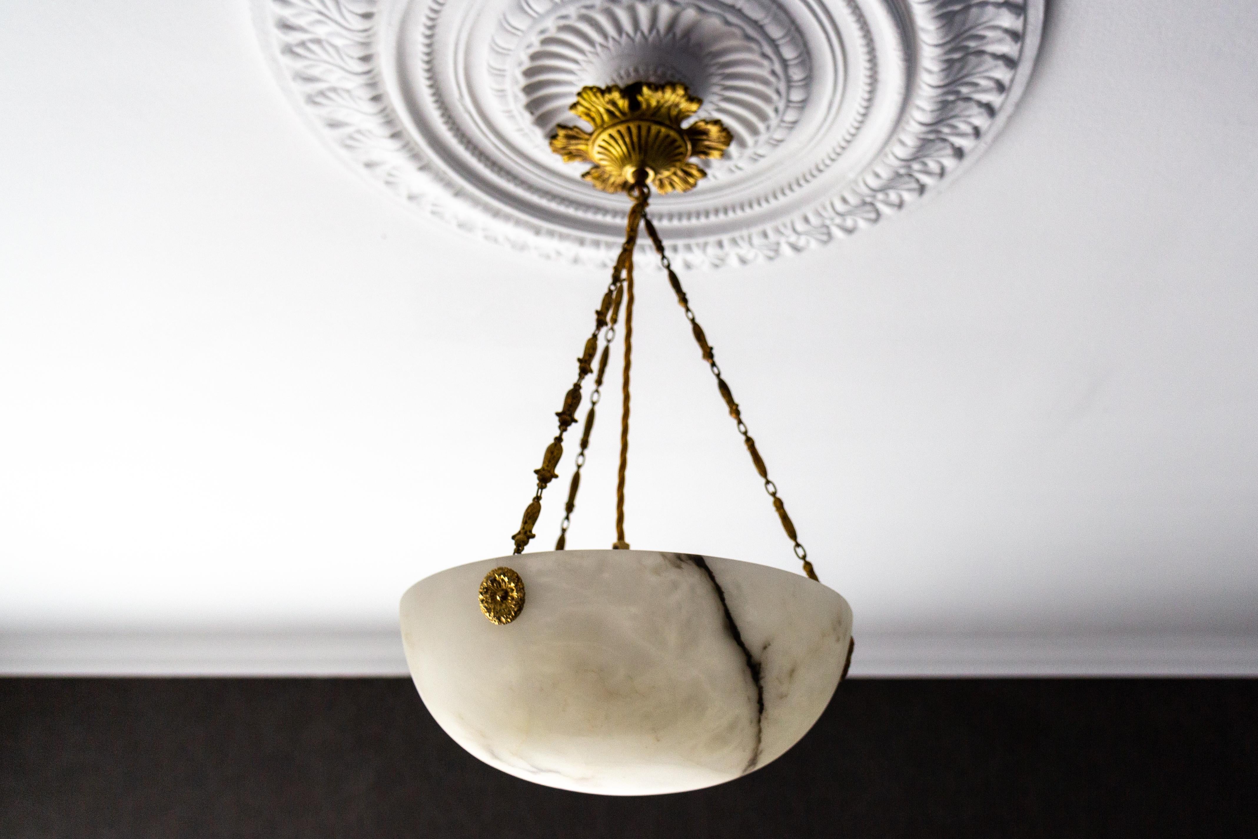 French Black Veined Alabaster and Bronze Pendant Light Fixture, ca. 1920 1