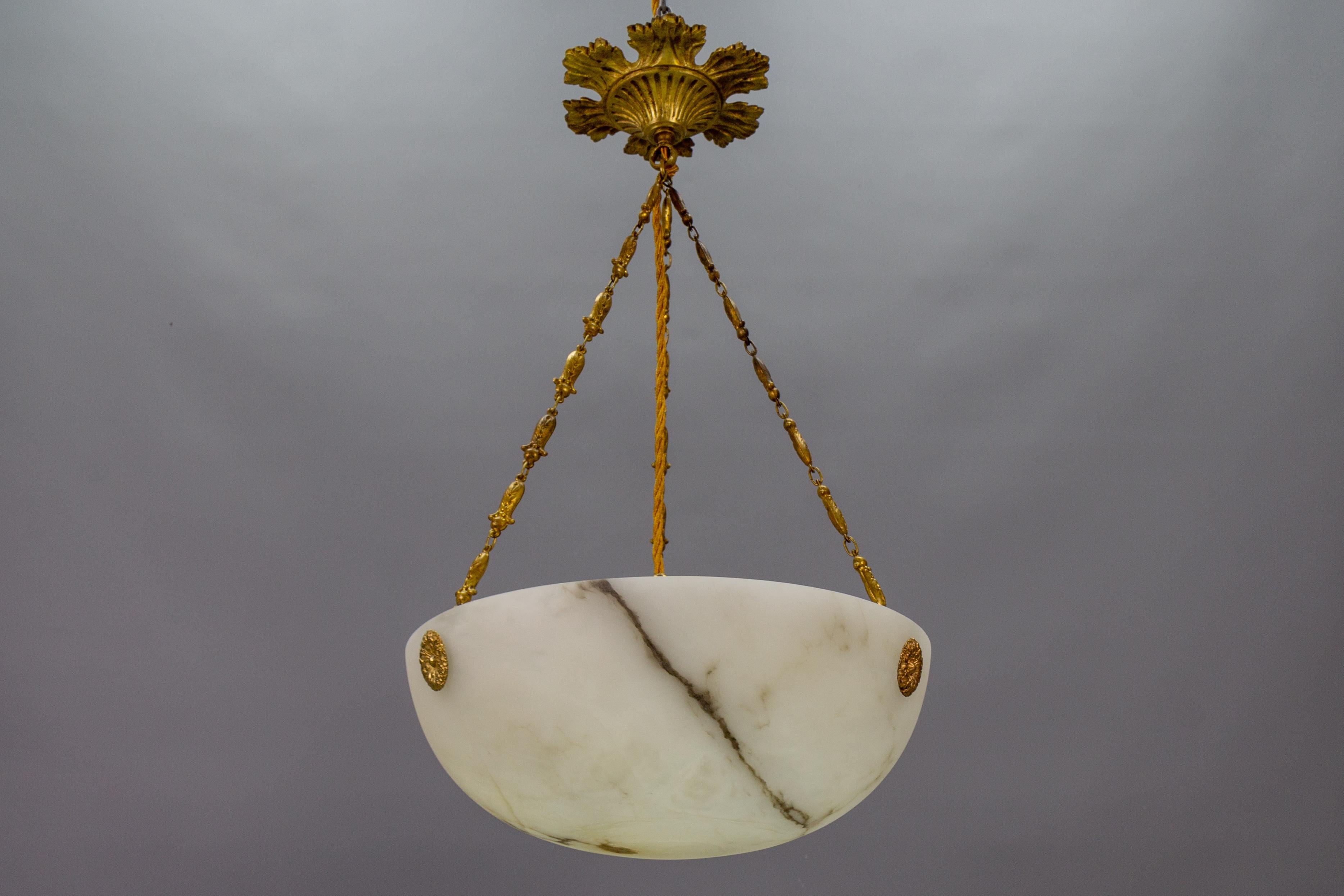 French Black Veined Alabaster and Bronze Pendant Light Fixture, ca. 1920 2