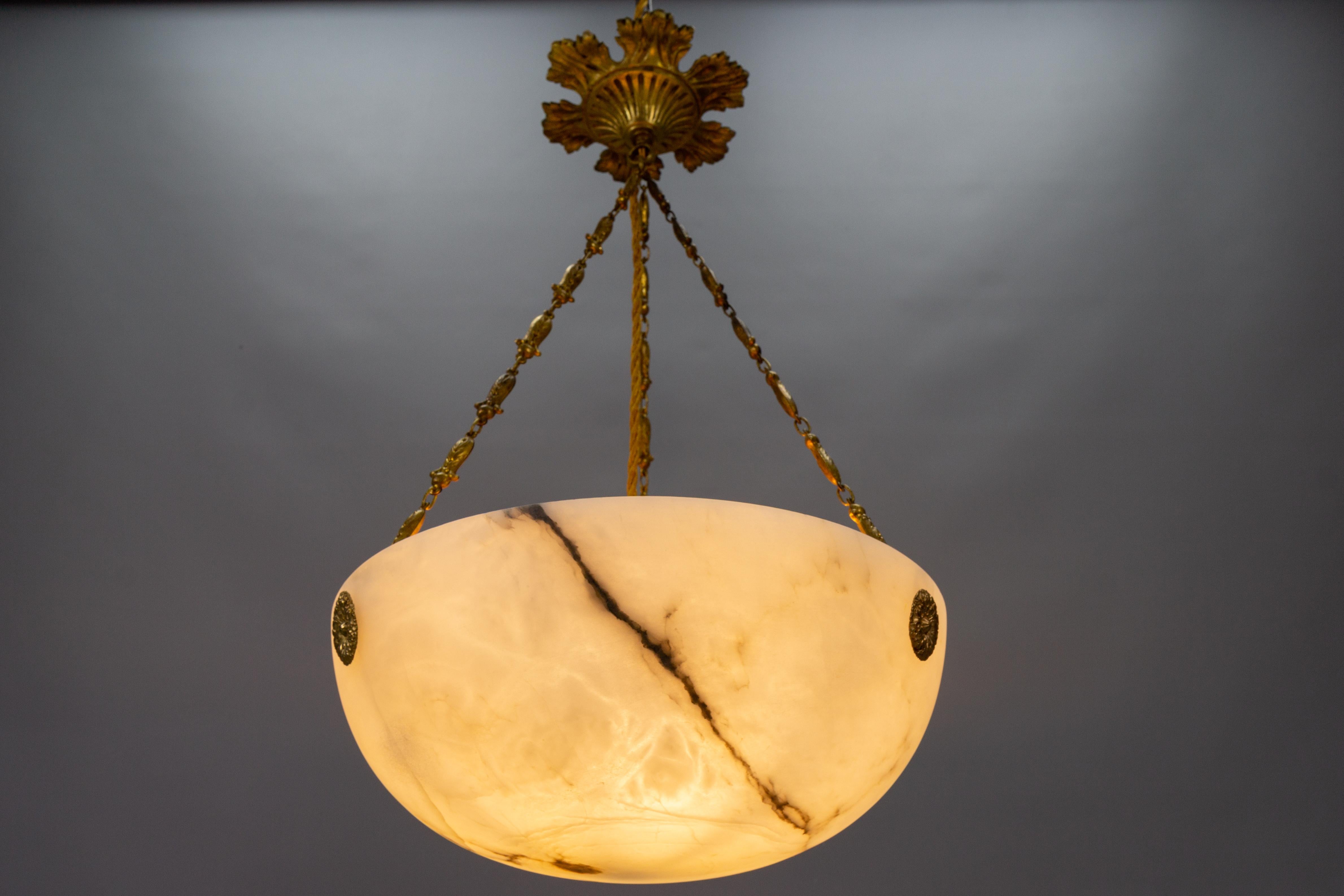 French Black Veined Alabaster and Bronze Pendant Light Fixture, ca. 1920 3