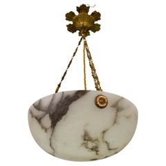 French Black Veined Alabaster and Bronze Pendant Light Fixture, ca. 1920