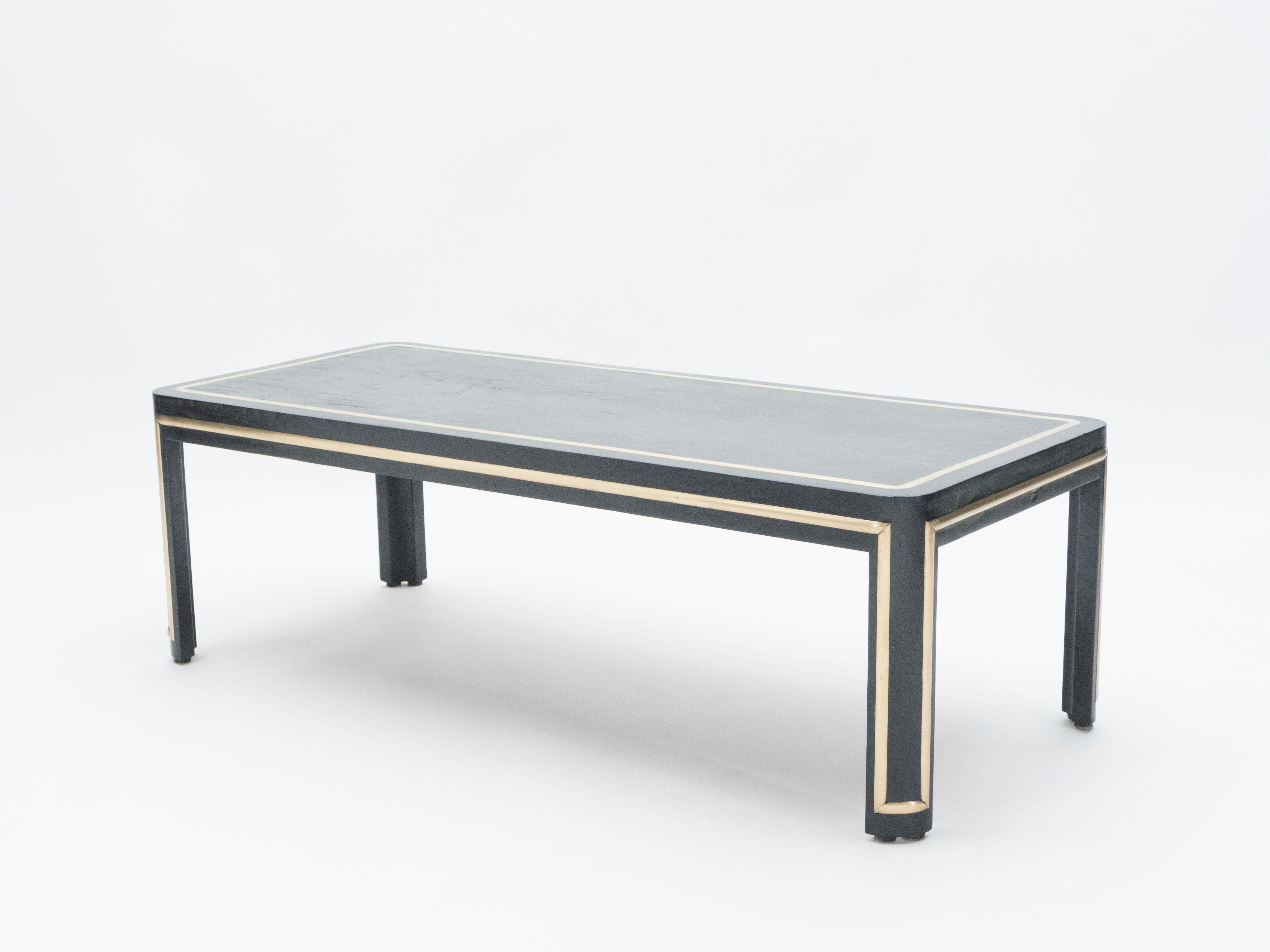 Mid-20th Century French Black Wood and Brass Art Deco Coffee Table 1940s For Sale