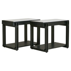 French Black Wood Side Table with White Marble, 1970s - 2 Available