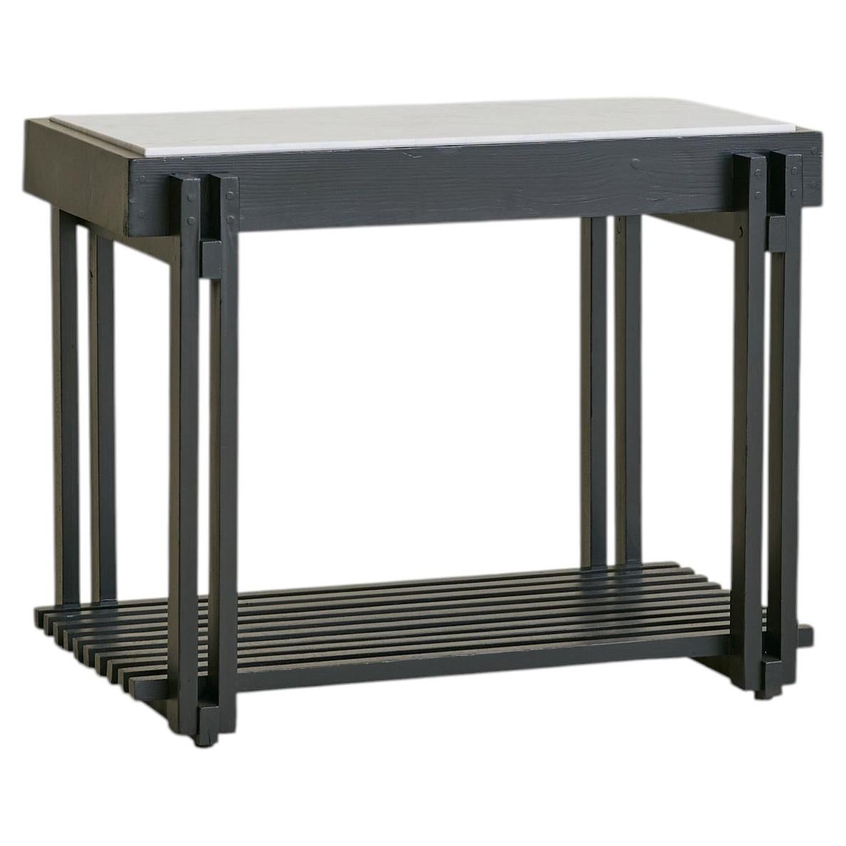 French Black Wood Side Table with White Marble, 1970s - 2 Available