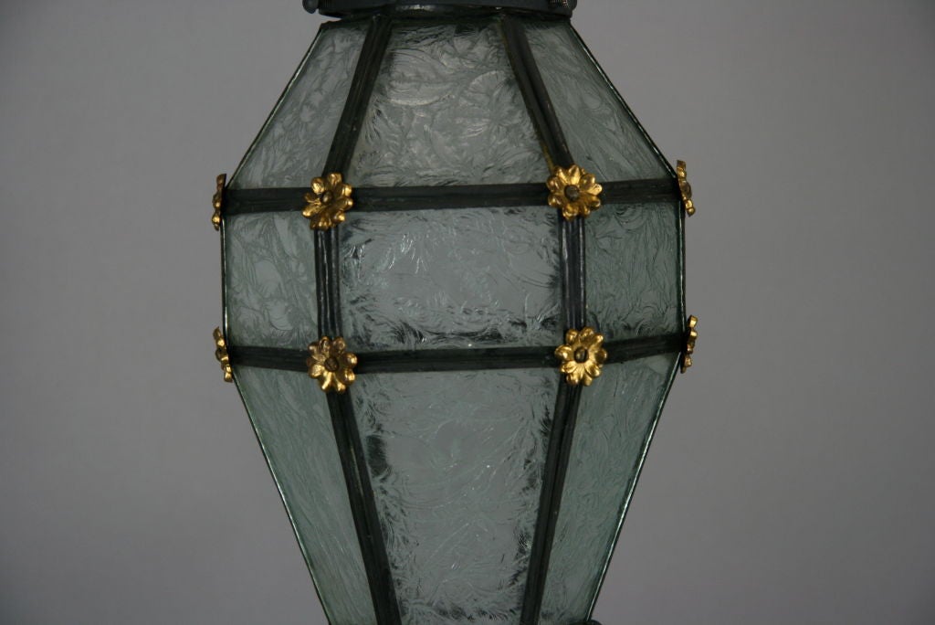 Italian French Blackened Etched Glass Lantern For Sale