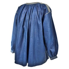 French Blaude or Peasant Blouse In Glazed Linen Dyed Indigo -French 19th Century