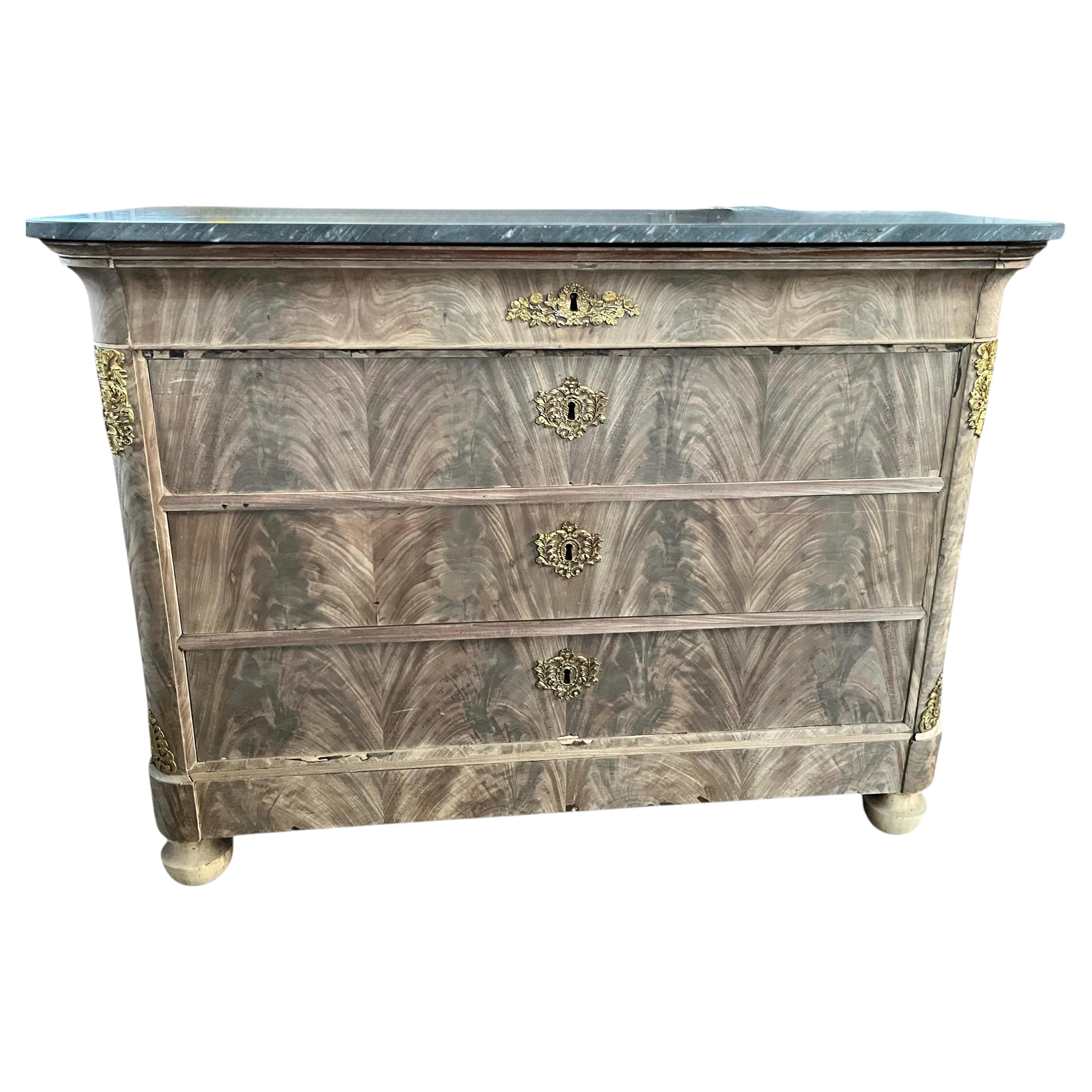 French Bleached Mahogany Louis Philippe Chest Of Drawers With Marble, 1820s For Sale