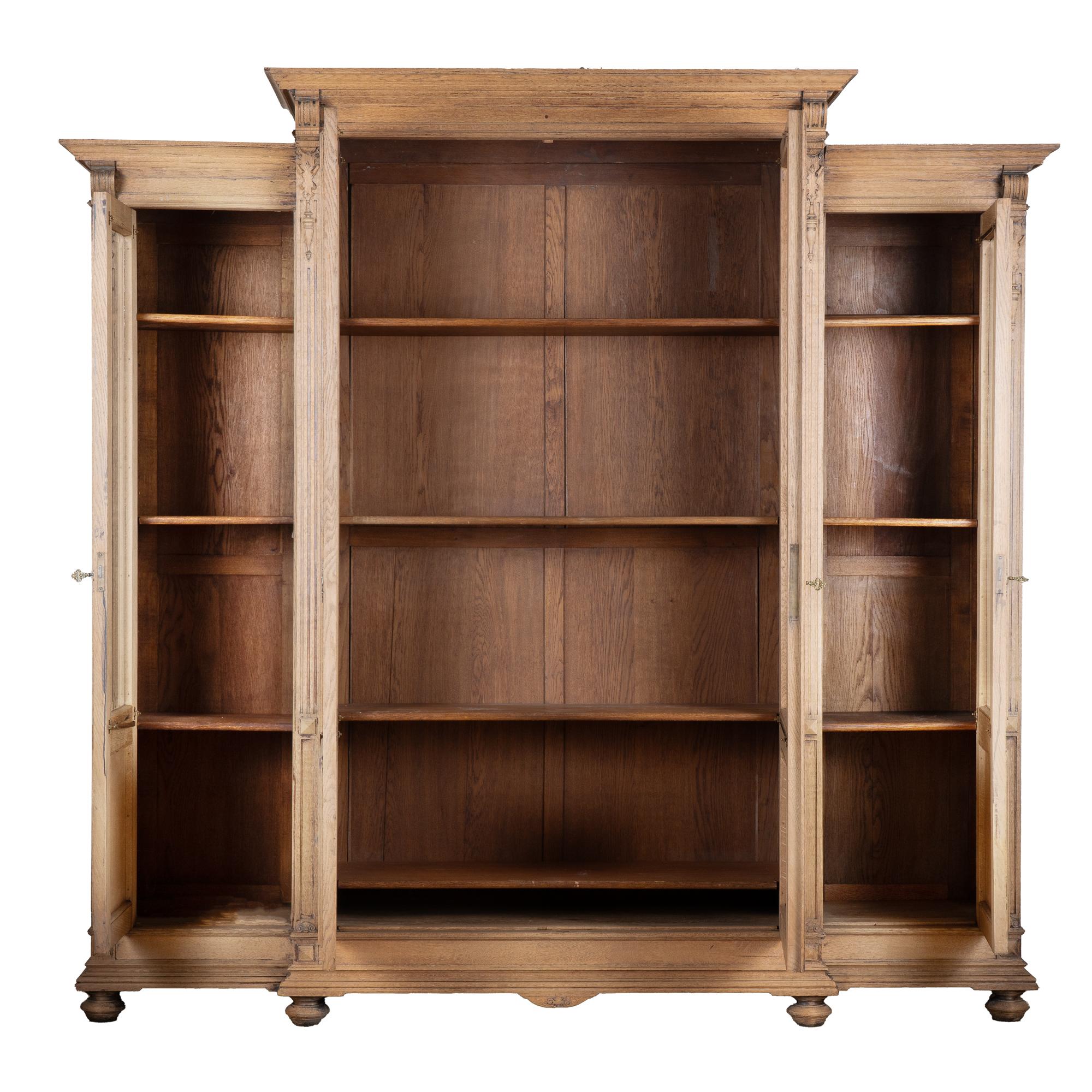 Country French Bleached Oak Bookcase Display Cabinet With Adjustable Shelves, circa 1880