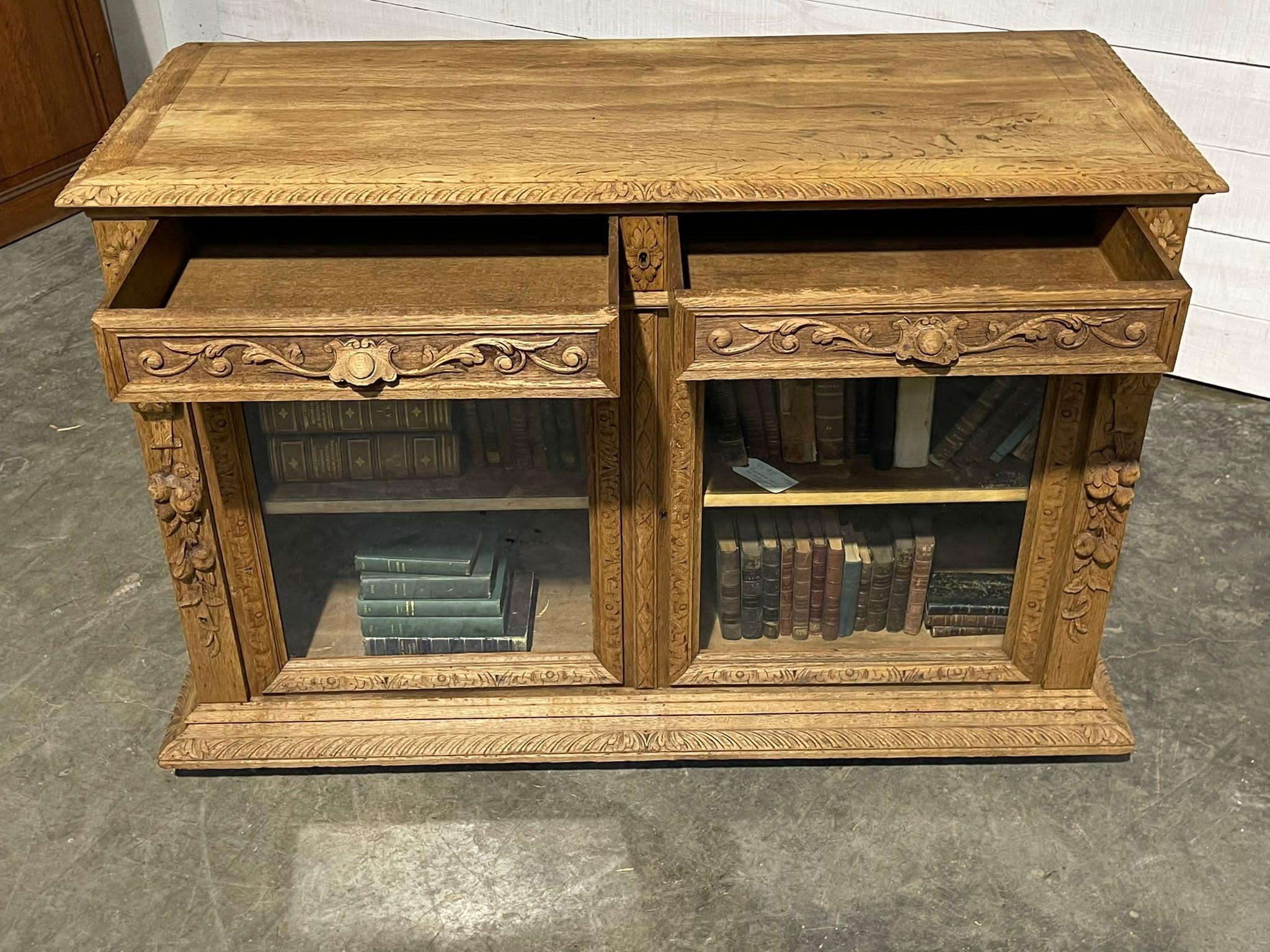 French, Bleached Oak Carved Bookcase or Cabinet For Sale 12