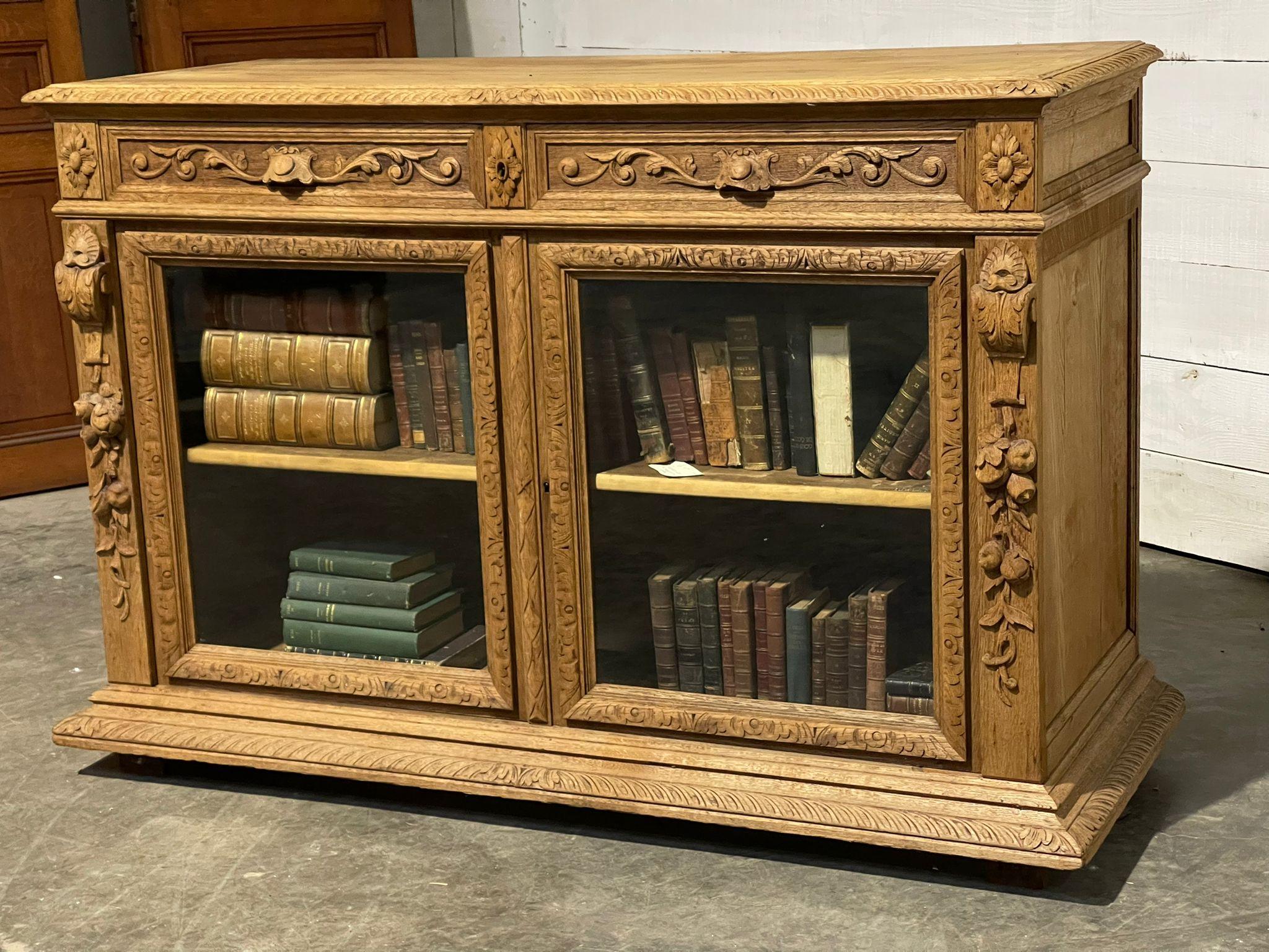 French, Bleached Oak Carved Bookcase or Cabinet In Good Condition For Sale In Seaford, GB