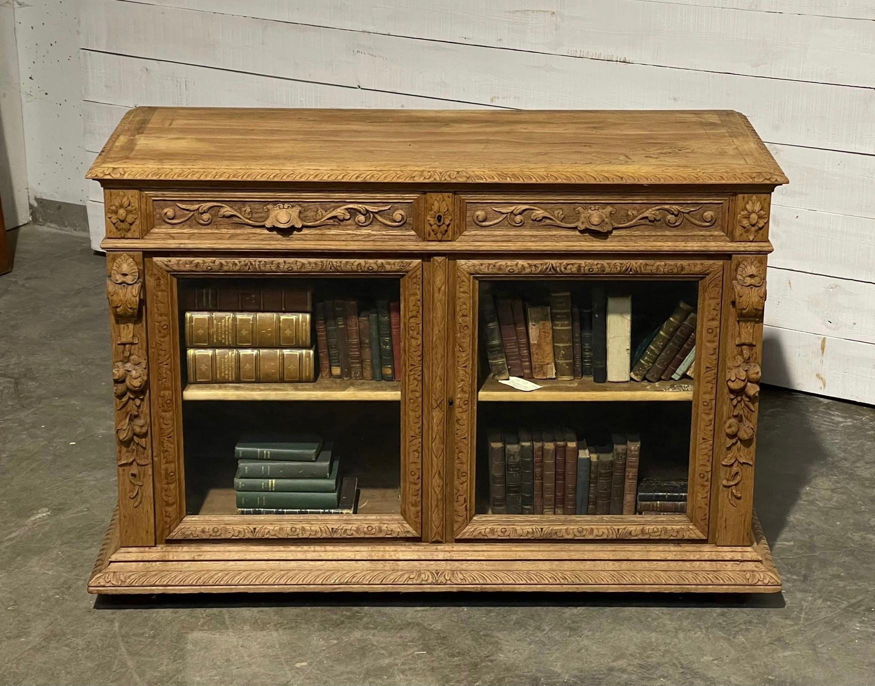 19th Century French, Bleached Oak Carved Bookcase or Cabinet For Sale