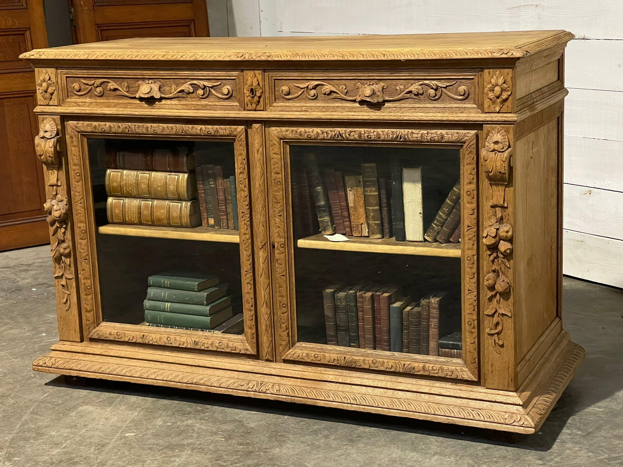 French, Bleached Oak Carved Bookcase or Cabinet For Sale 1