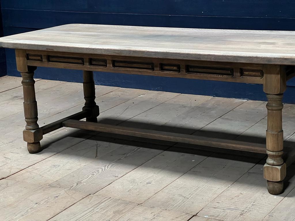 A solid Oak Farmhouse Dining Table. French in origin and dating to the early 1900s and of very good quality construction. We have bleached it for a lighter look and feel. In excellent original condition for the home.
Length 209 cm
Depth 84 cm
Height