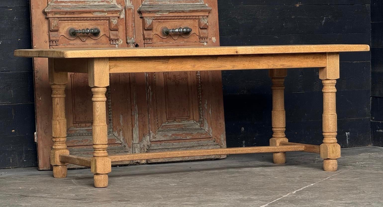 A nice solid Oak Farmhouse Dining Table, originating from France and dating to the early 1900s. We have bleached it for a lighter look and its in overall excellent original condition.
Length 198 cm
Depth 83.5 cm
Height 77 cm
End Overhang 20 cm
Knee