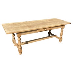 French Bleached Oak Farmhouse Dining Table with Drawer