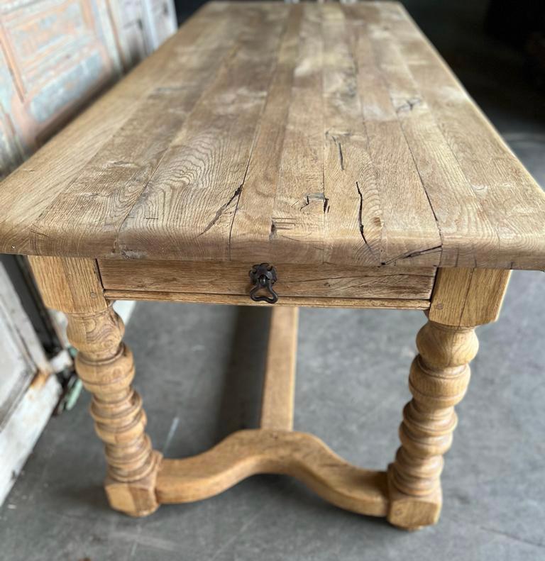 French Bleached Oak Farmhouse Kitchen Dining Table with Drawers 4