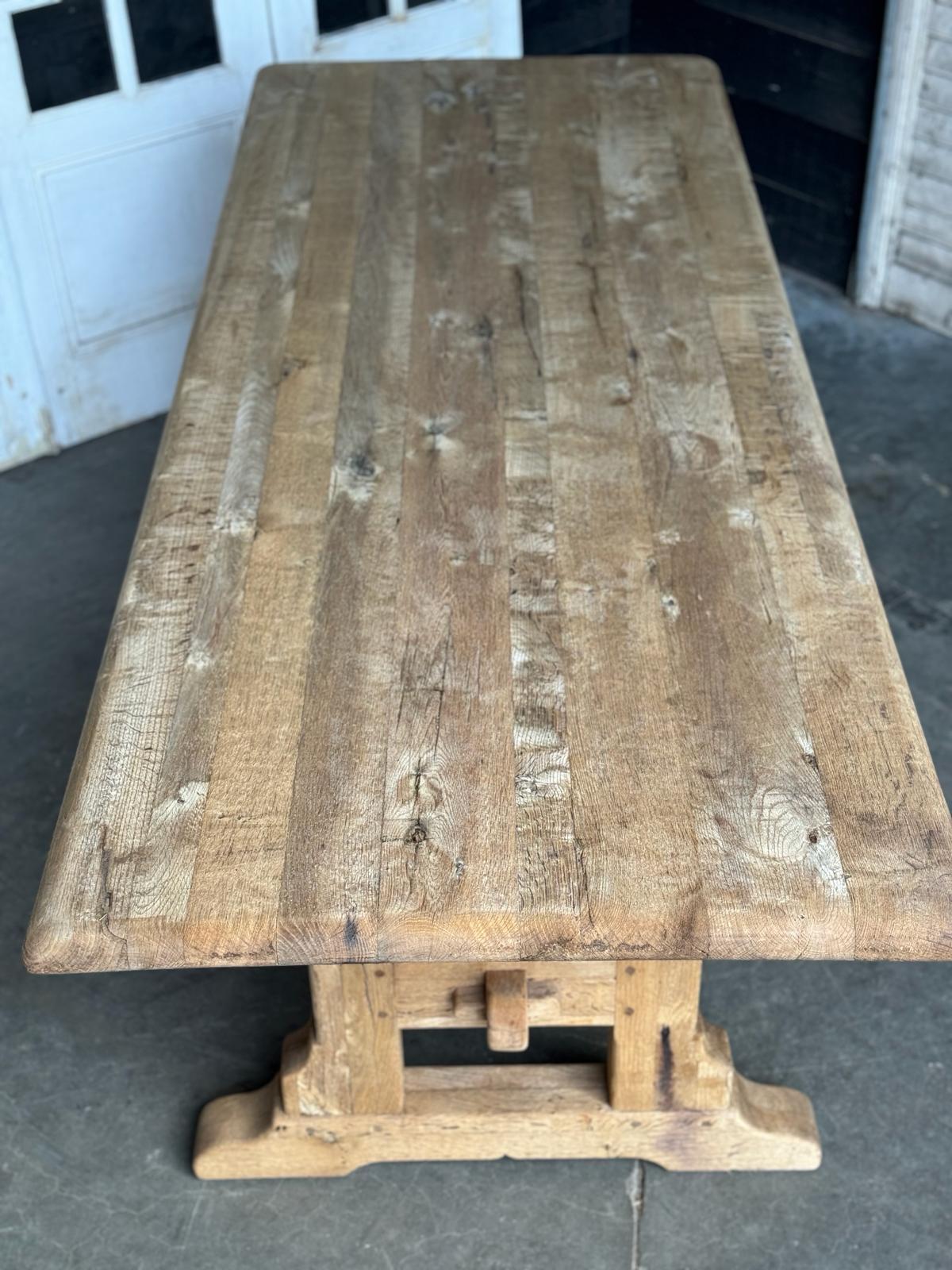 French Bleached Oak Farmhouse Trestle Dining Table  For Sale 9