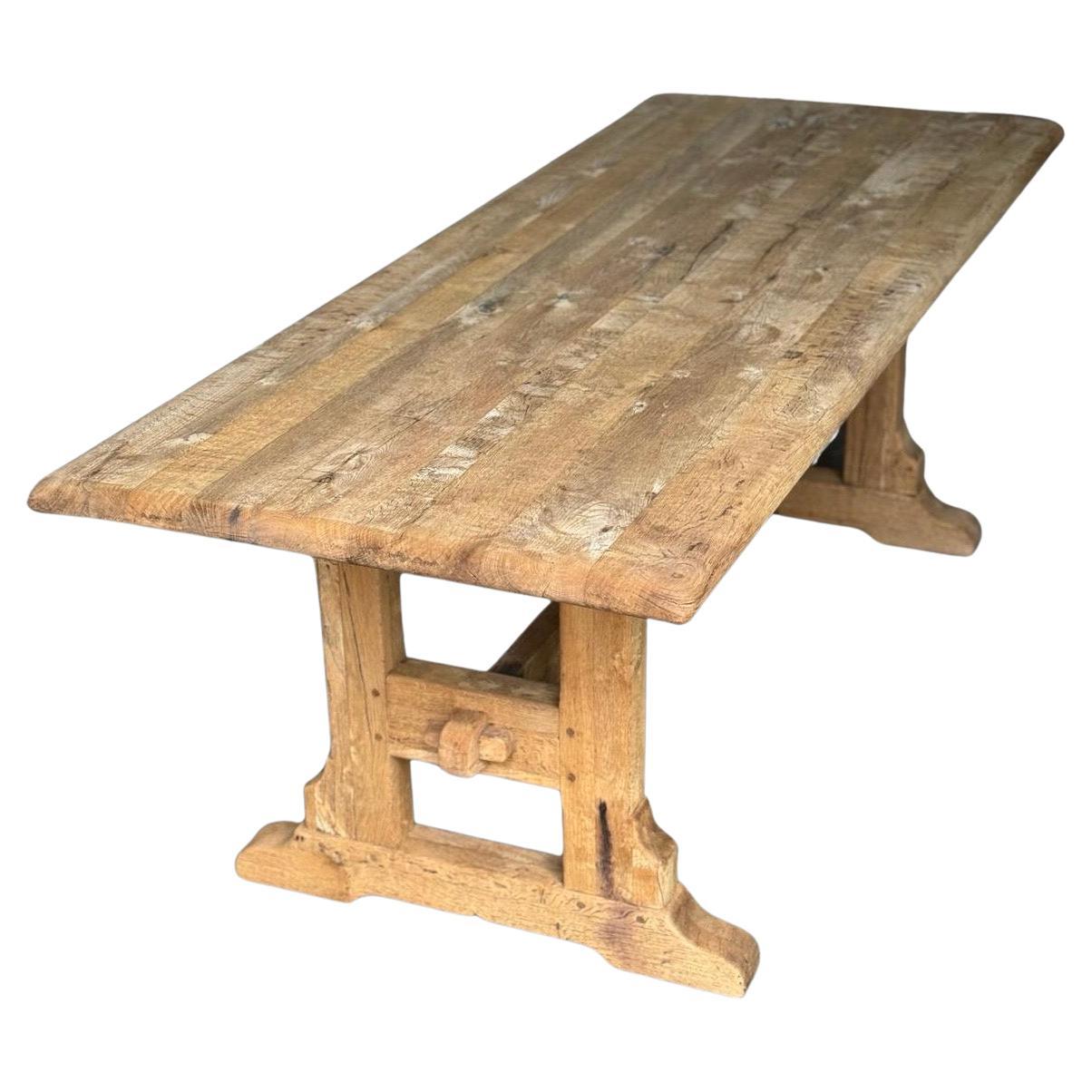 French Bleached Oak Farmhouse Trestle Dining Table  For Sale