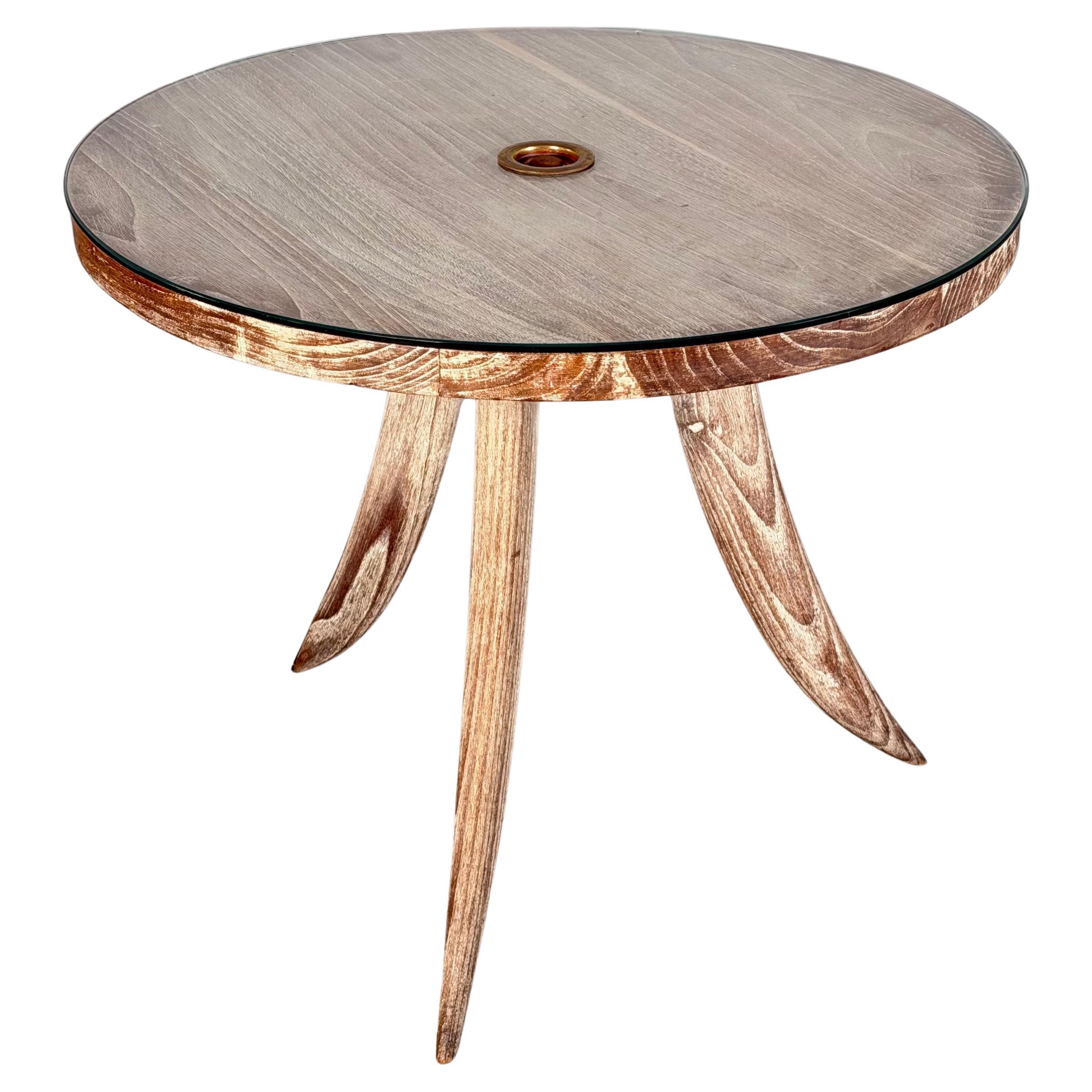French Bleached Oak Side Table with Glass Top and Brass Detail, 1940s For Sale