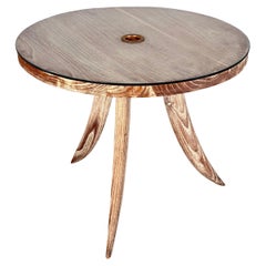 Tavolino francese in Oak sbiancato con piano in vetro e dettagli in ottone, anni '40