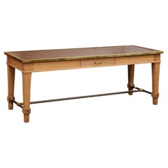 French Bleached Oak Sofa Table with Leather Top, Brass Trim and Cross Stretcher