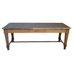 French Bleached Oak Sofa Table with Leather Top, Brass Trim and Cross Stretcher
