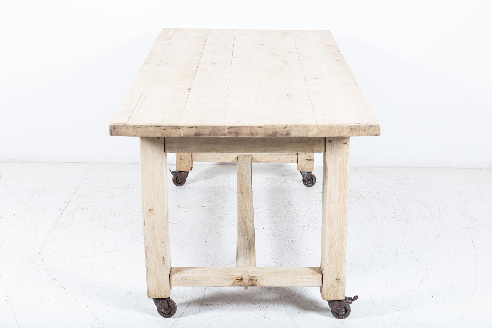 Circa Mid 20thC
French bleached oak table on castors
Sourced from North France
Measures: W180 x D87 x H81 cm.
 