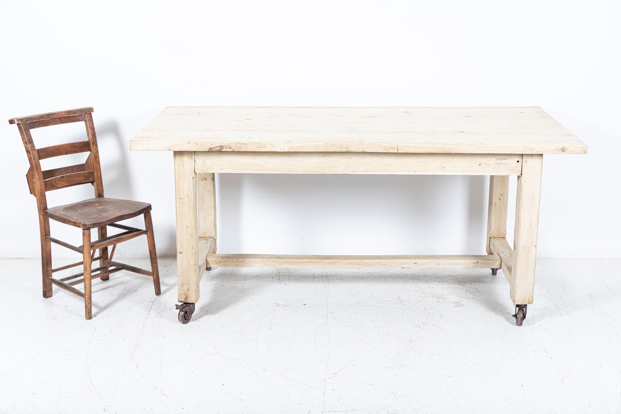 Mid-20th Century French Bleached Oak Table on Castors For Sale