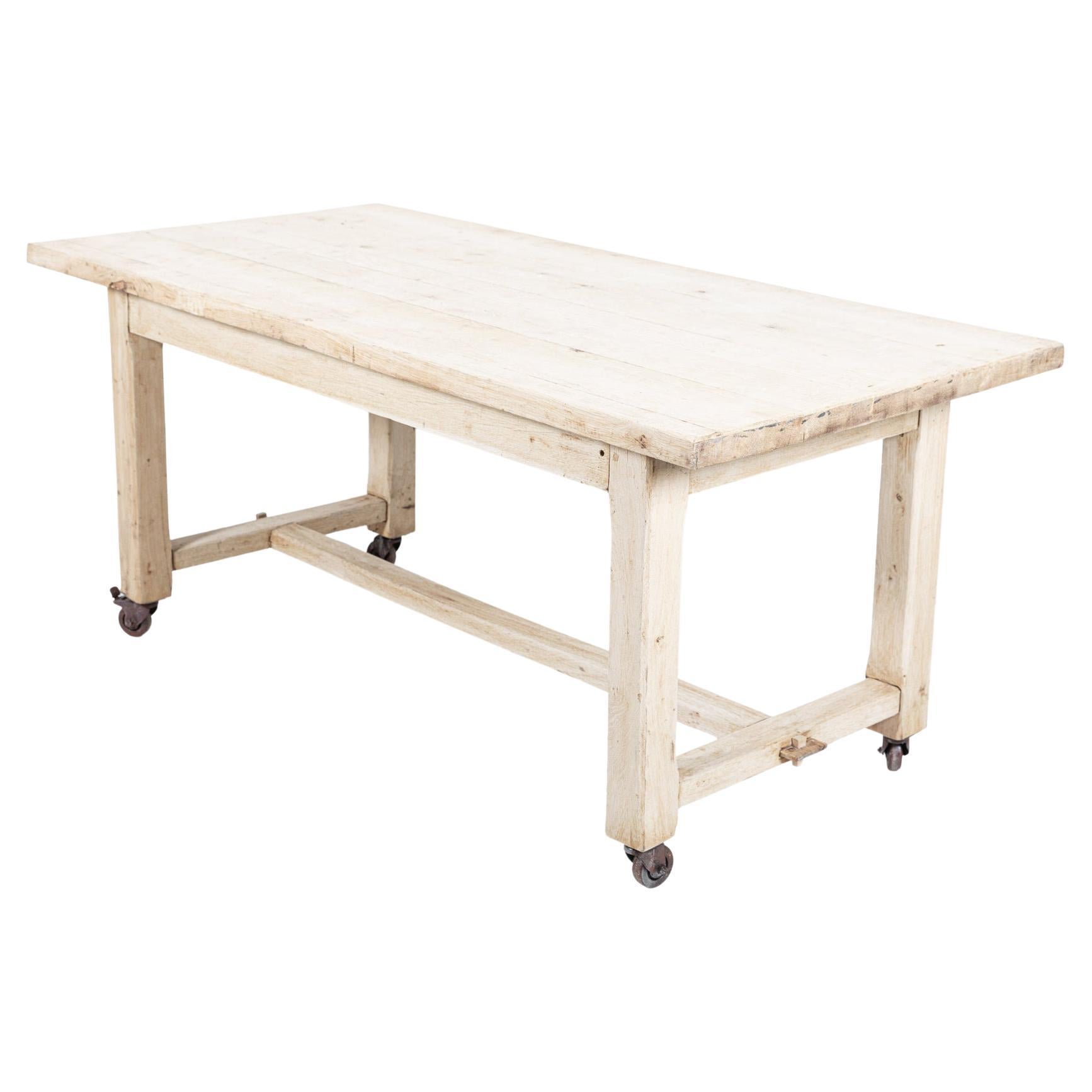 French Bleached Oak Table on Castors For Sale