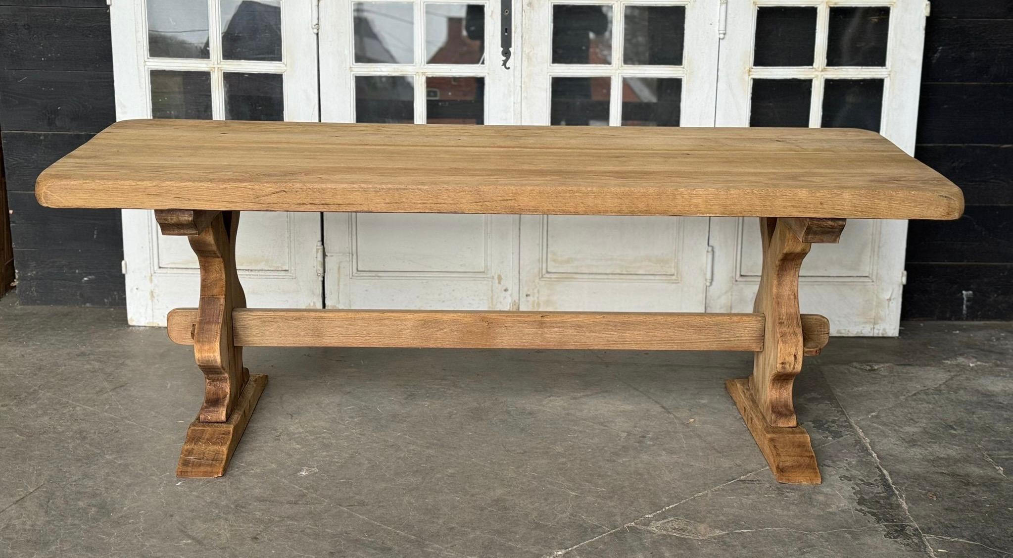 French Bleached Oak Trestle Farmhouse Dining Table  For Sale 1