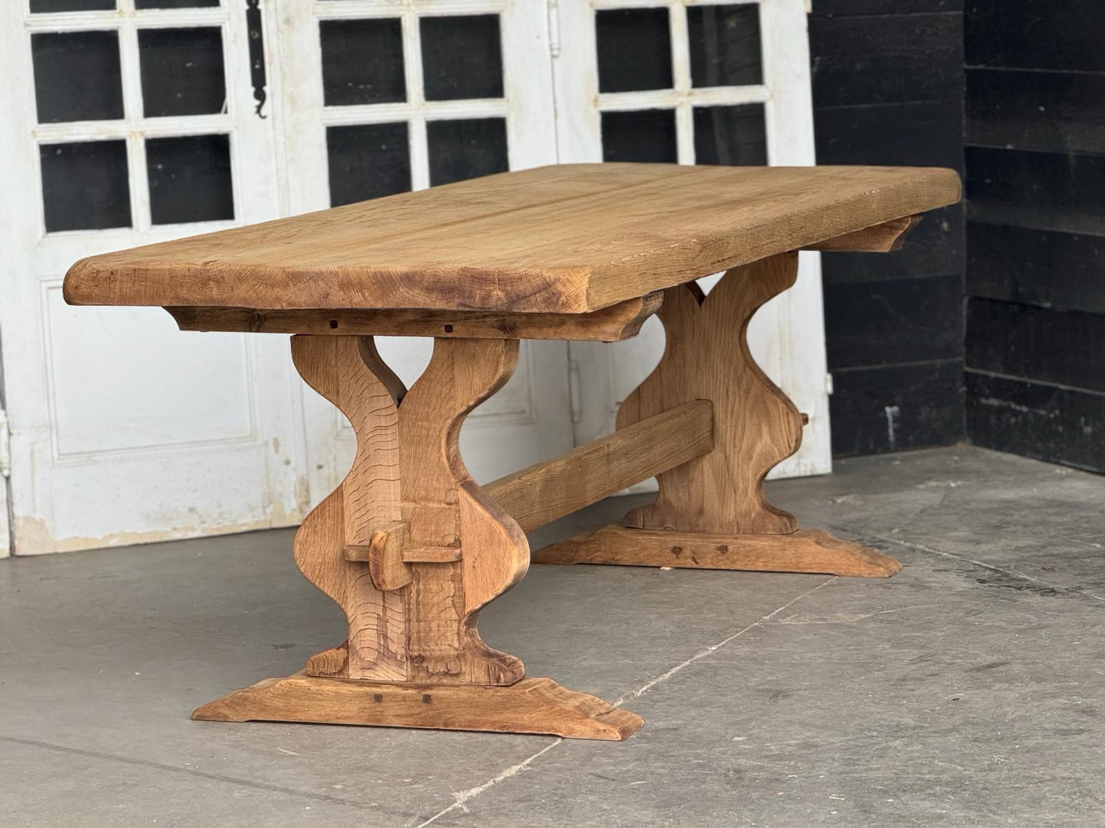French Bleached Oak Trestle Farmhouse Dining Table  For Sale 2