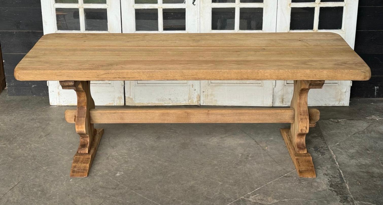 French Bleached Oak Trestle Farmhouse Dining Table  For Sale 4