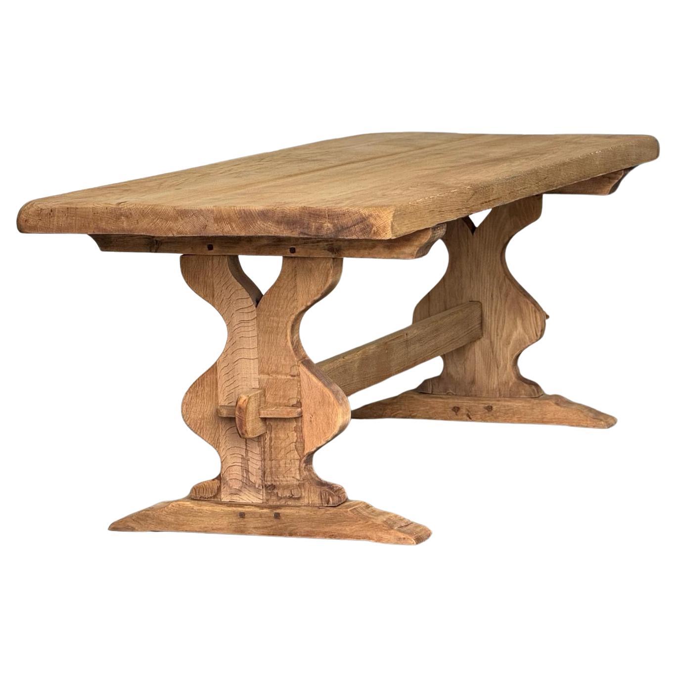 French Bleached Oak Trestle Farmhouse Dining Table 