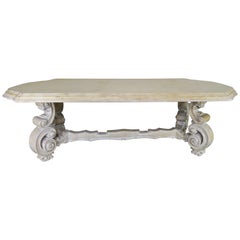 French Bleached Walnut Dining Table with Scrolled Legs and Center Stretcher