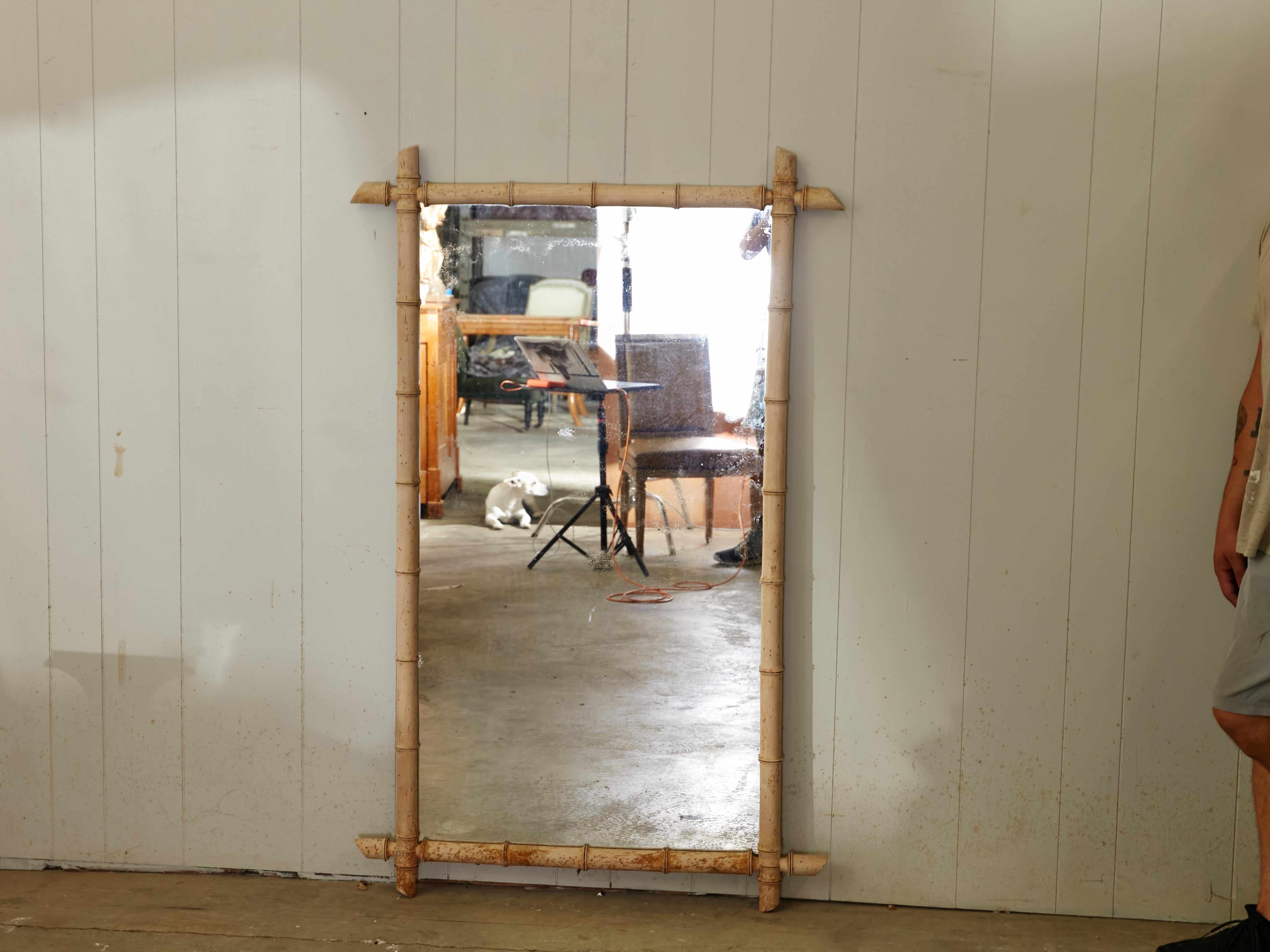 French Bleached Walnut Faux-Bamboo Mirror with Intersecting Corners, circa 1900 In Good Condition For Sale In Atlanta, GA
