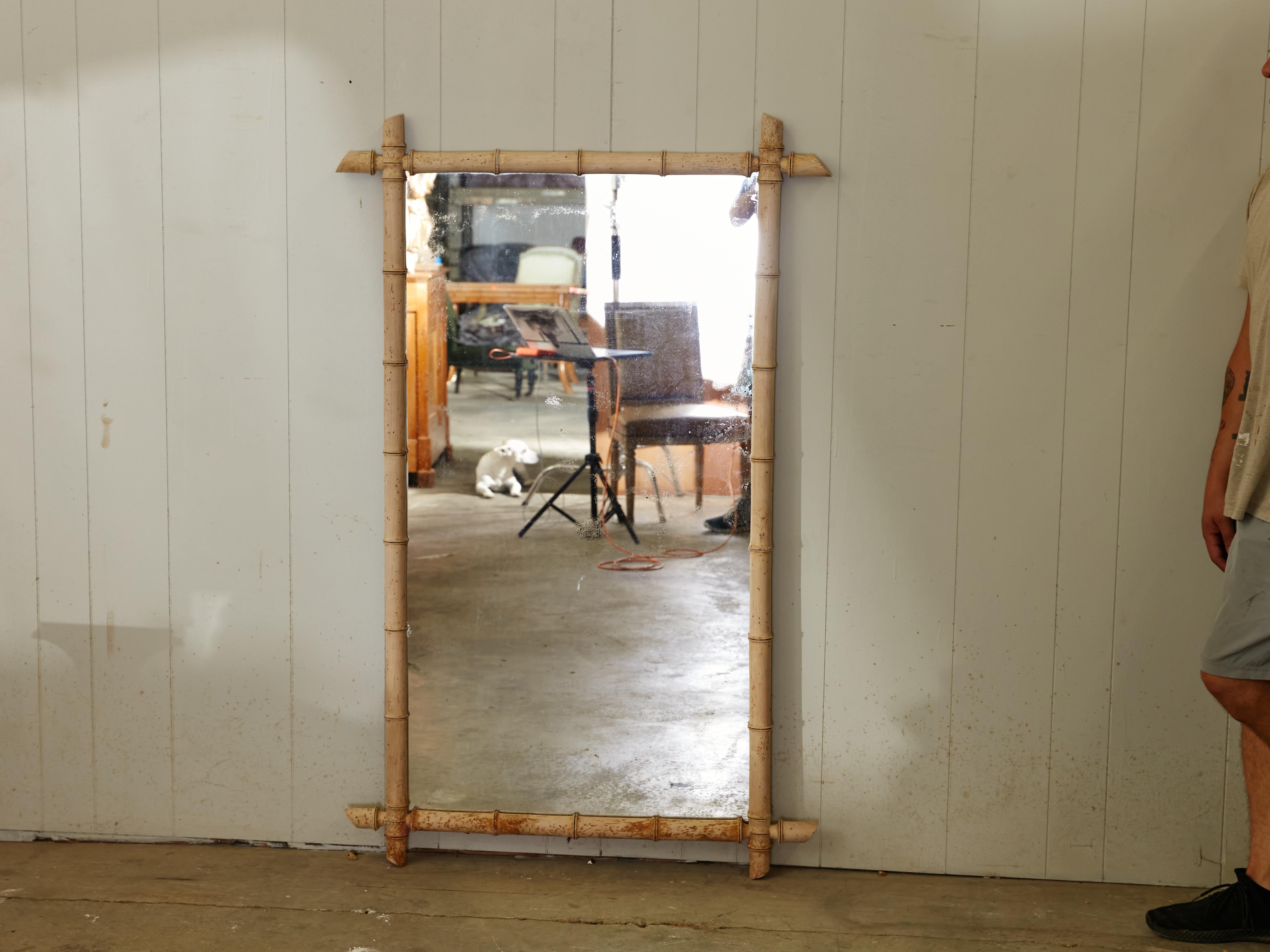 20th Century French Bleached Walnut Faux-Bamboo Mirror with Intersecting Corners, circa 1900 For Sale