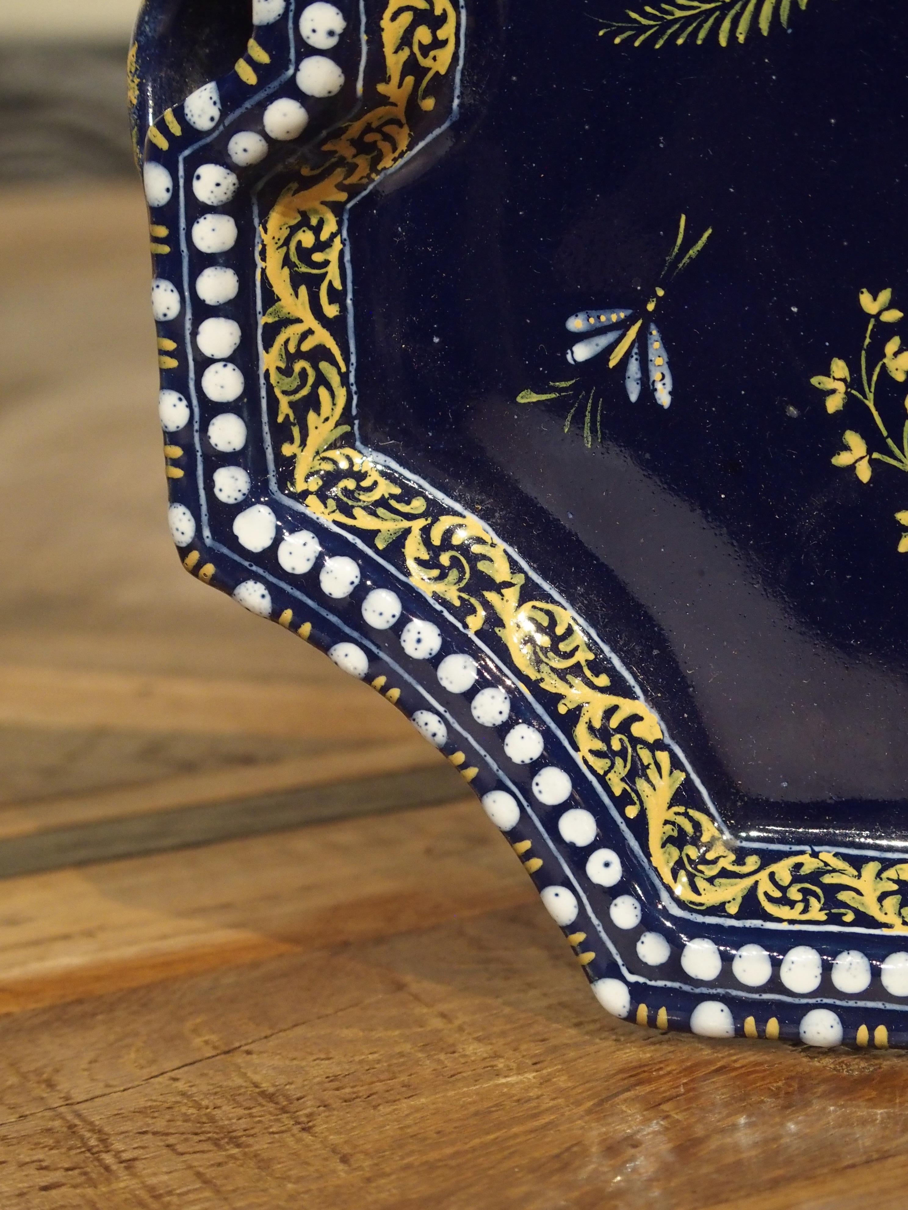 French “Bleu de Nevers” Faience Smoking Service Tray, by Montagnon In Good Condition For Sale In Dallas, TX