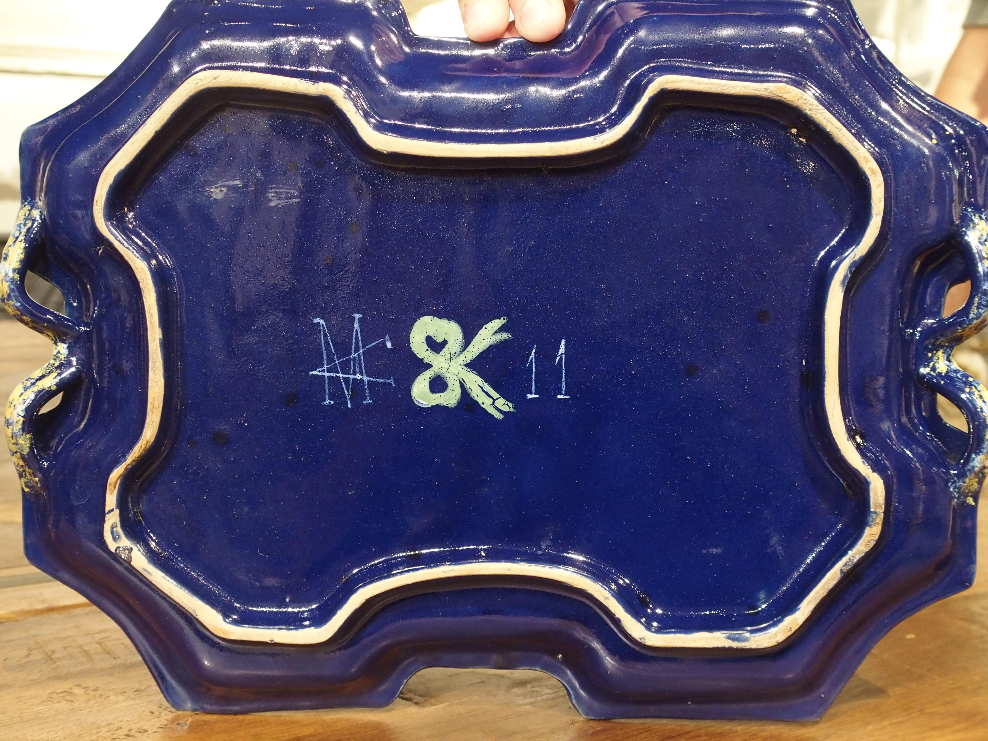 19th Century French “Bleu de Nevers” Faience Smoking Service Tray, by Montagnon For Sale