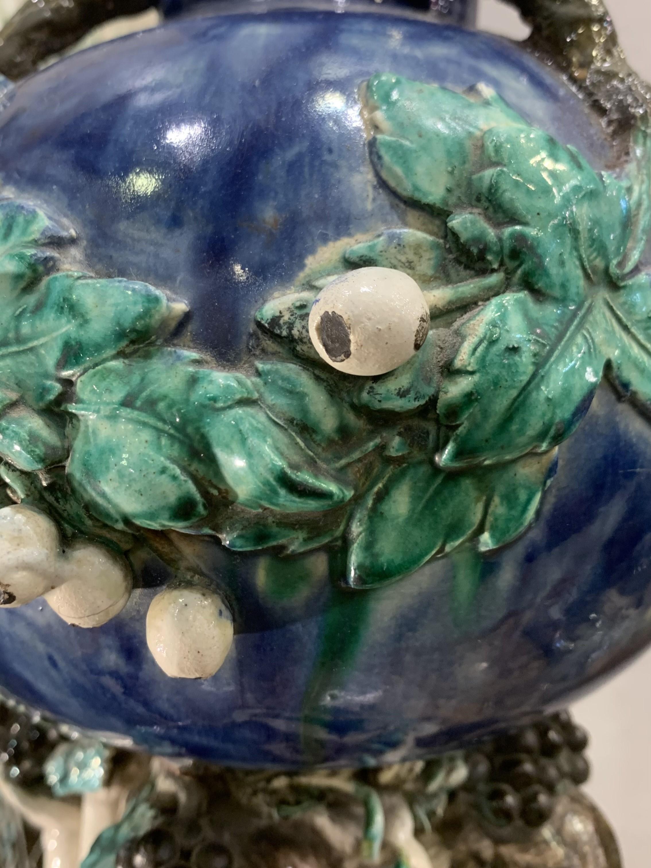 French Bleu vert puttis Art Nouveau Barbotine Ceramic Mayolique VASE  10