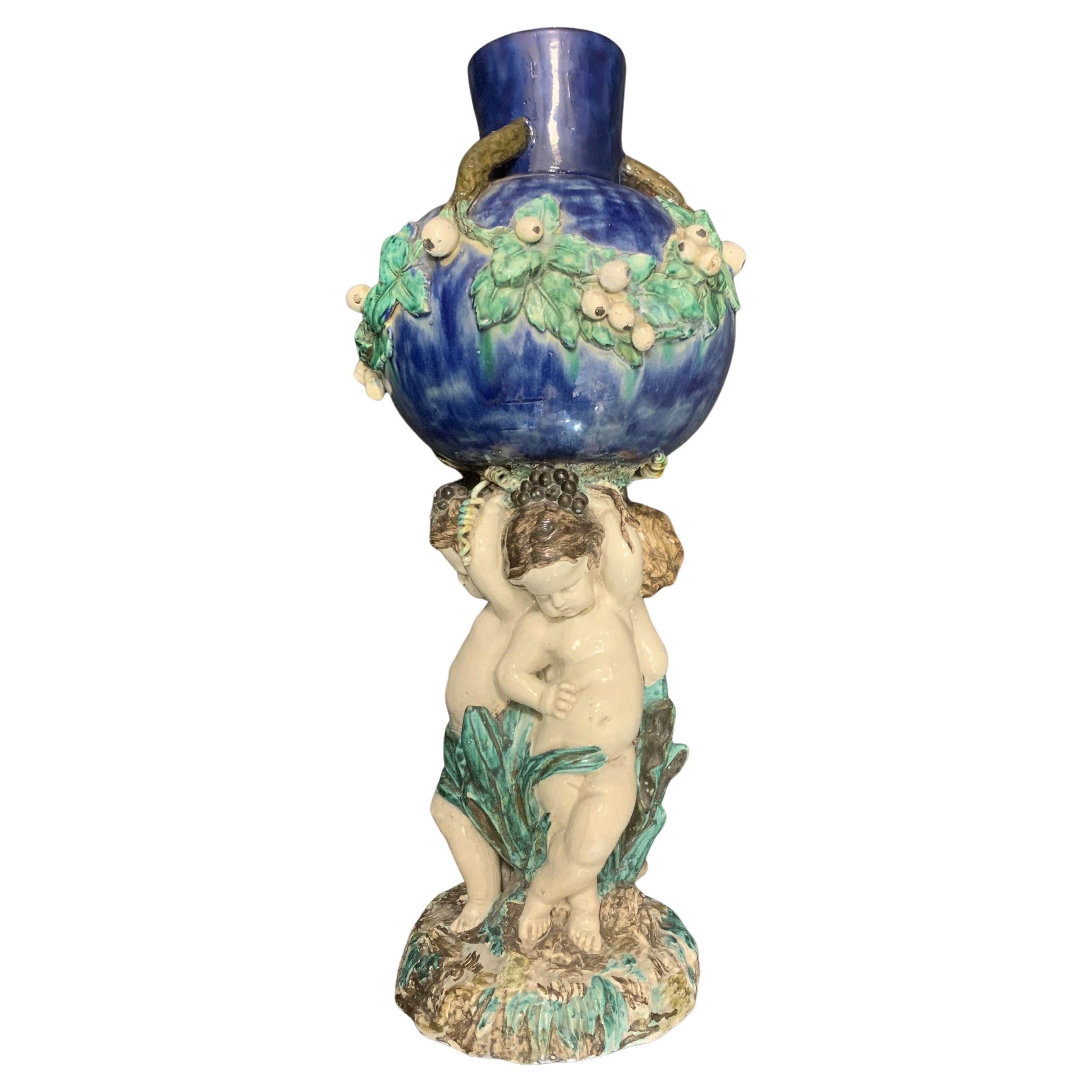 French Bleu vert puttis Art Nouveau Barbotine Ceramic Mayolique VASE 