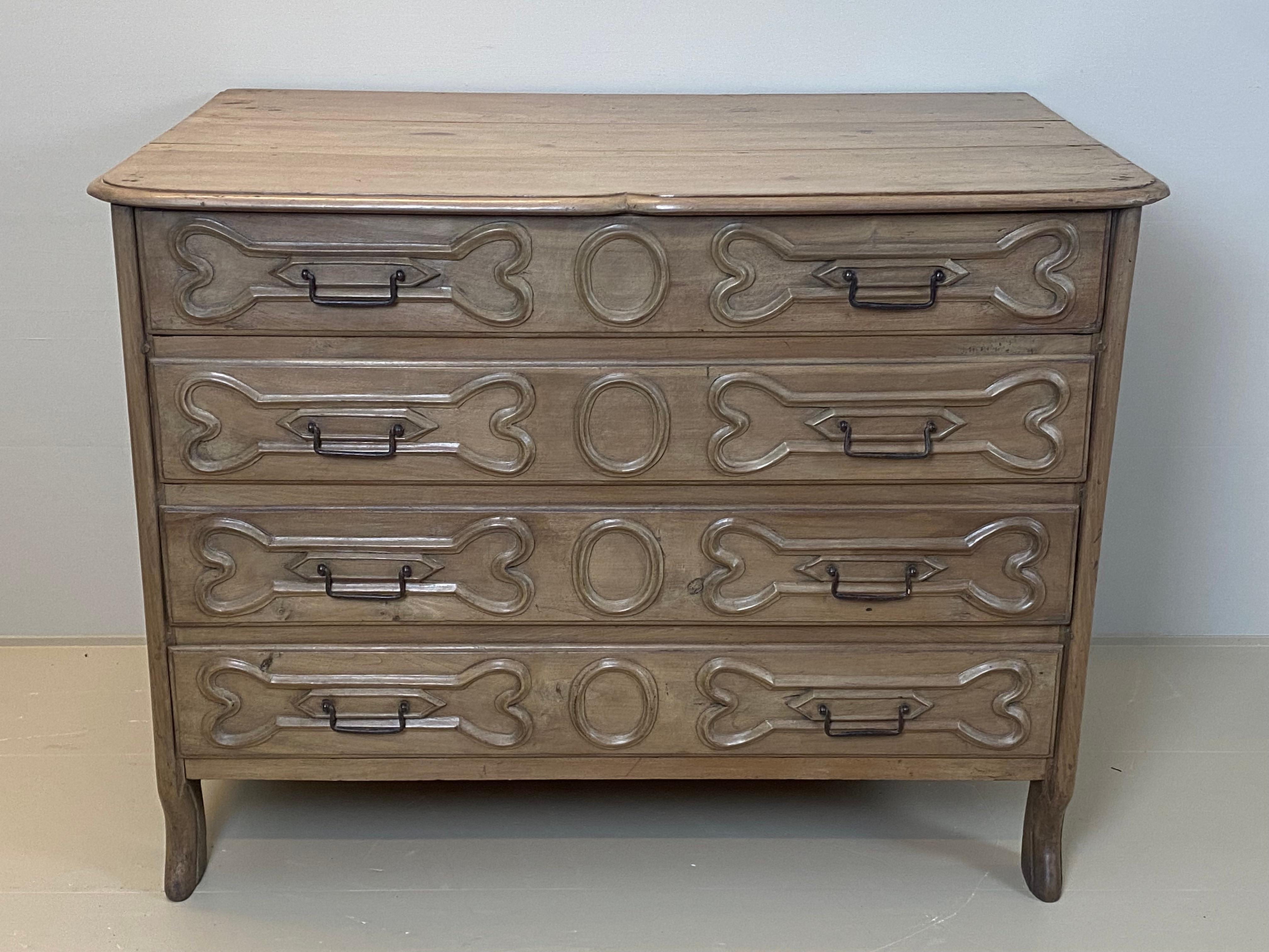 Late 19th Century Antique Chest of Drawers in Natural Walnut, w/Dog Bone decoration. France 1890s. For Sale