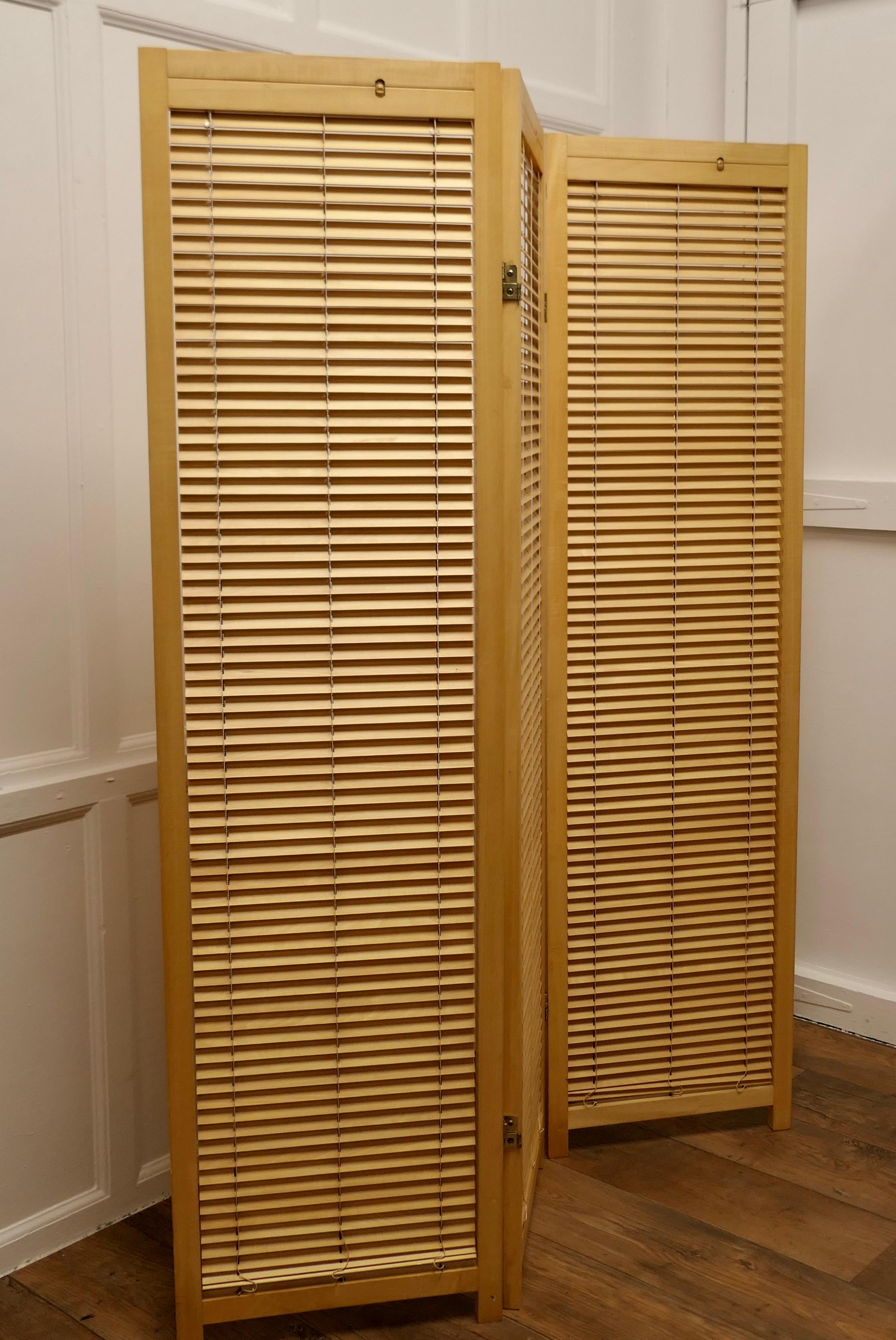 Mid-Century Modern French Blonde Beech Louvered Screen Room Divider the Screen Has 3 Folds For Sale