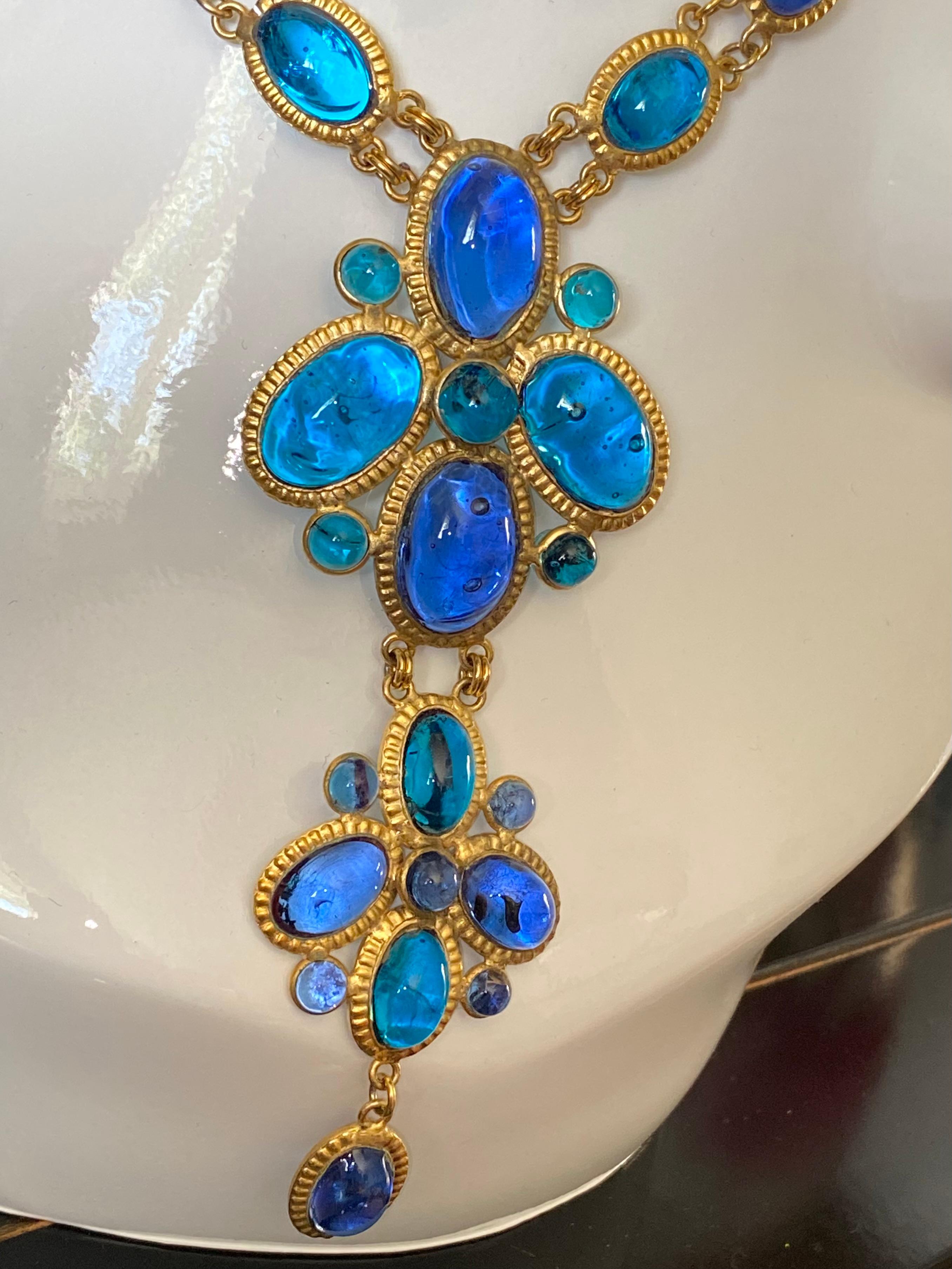 French Blue and Aqua  Gripoix Glass Necklace and Earrings For Sale 6